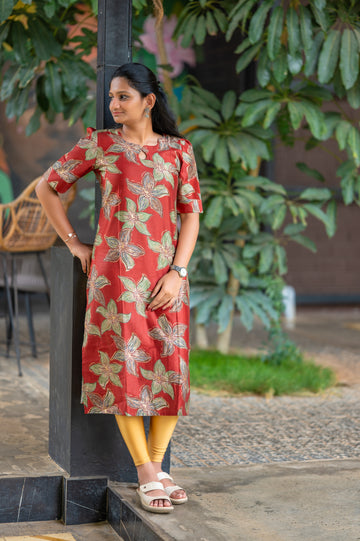 ''🦌Rust maroon Blossom Straight Kurti"