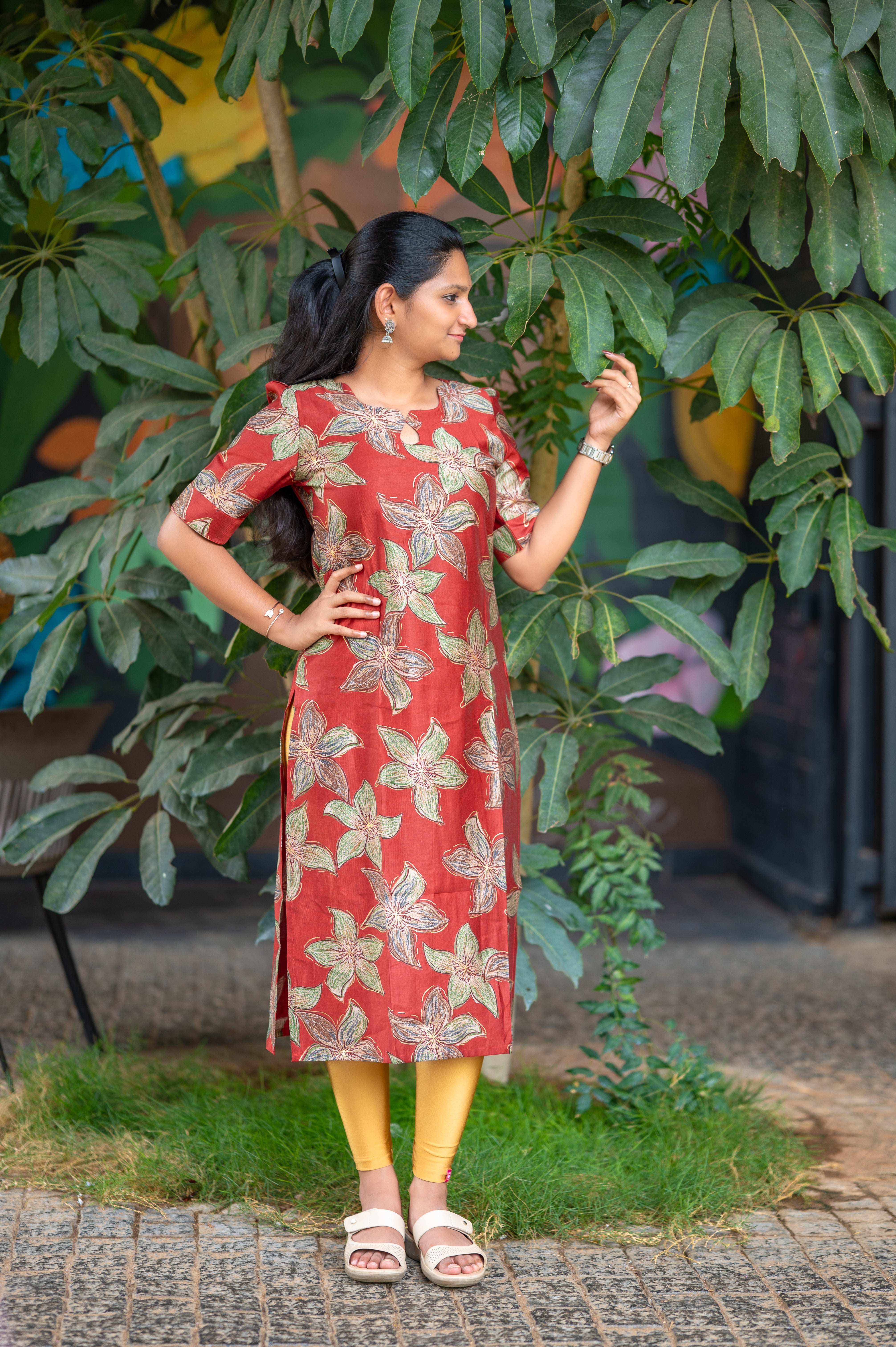 ''🦌Rust maroon Blossom Straight Kurti"