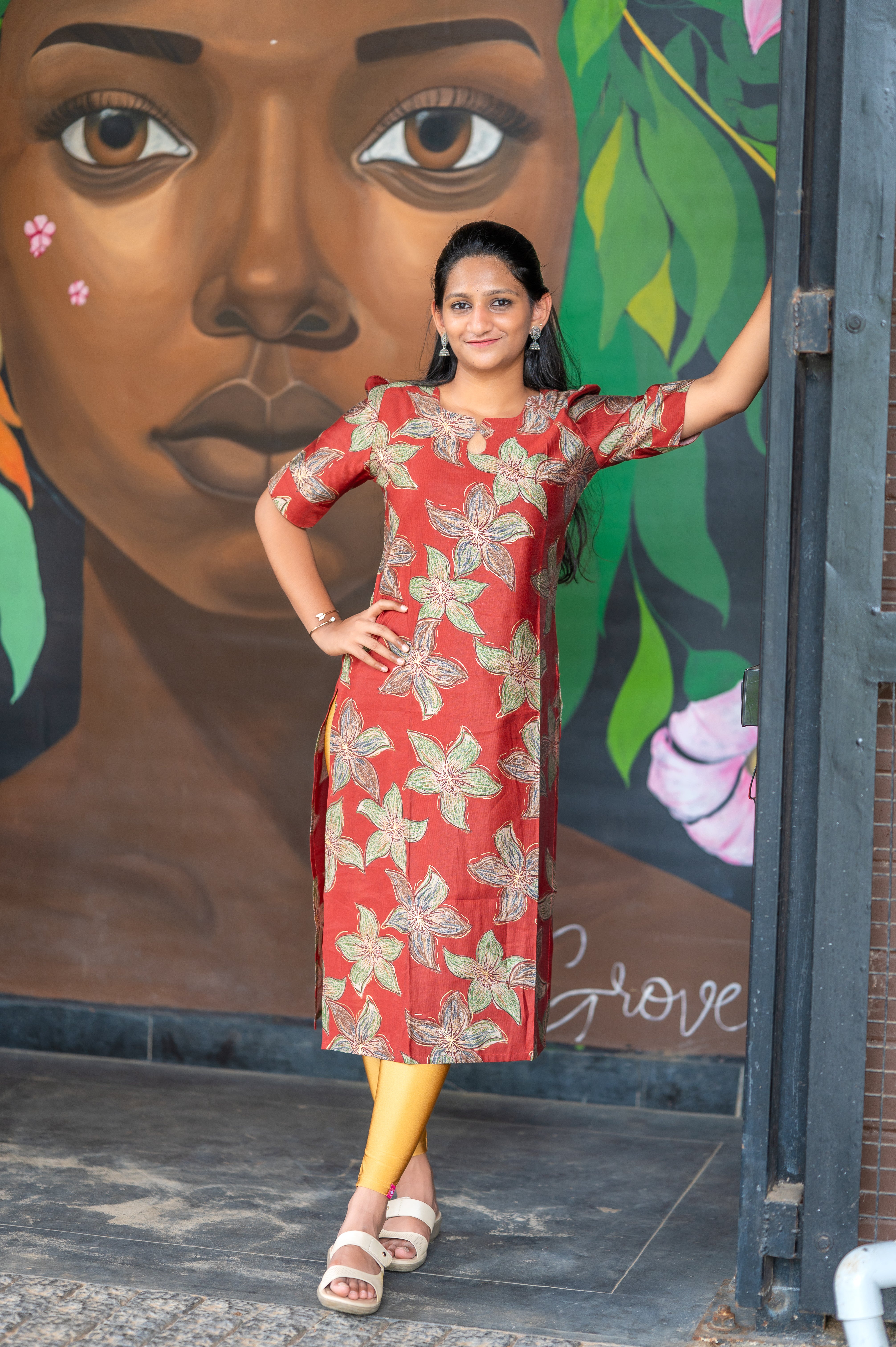 ''🦌Rust maroon Blossom Straight Kurti"