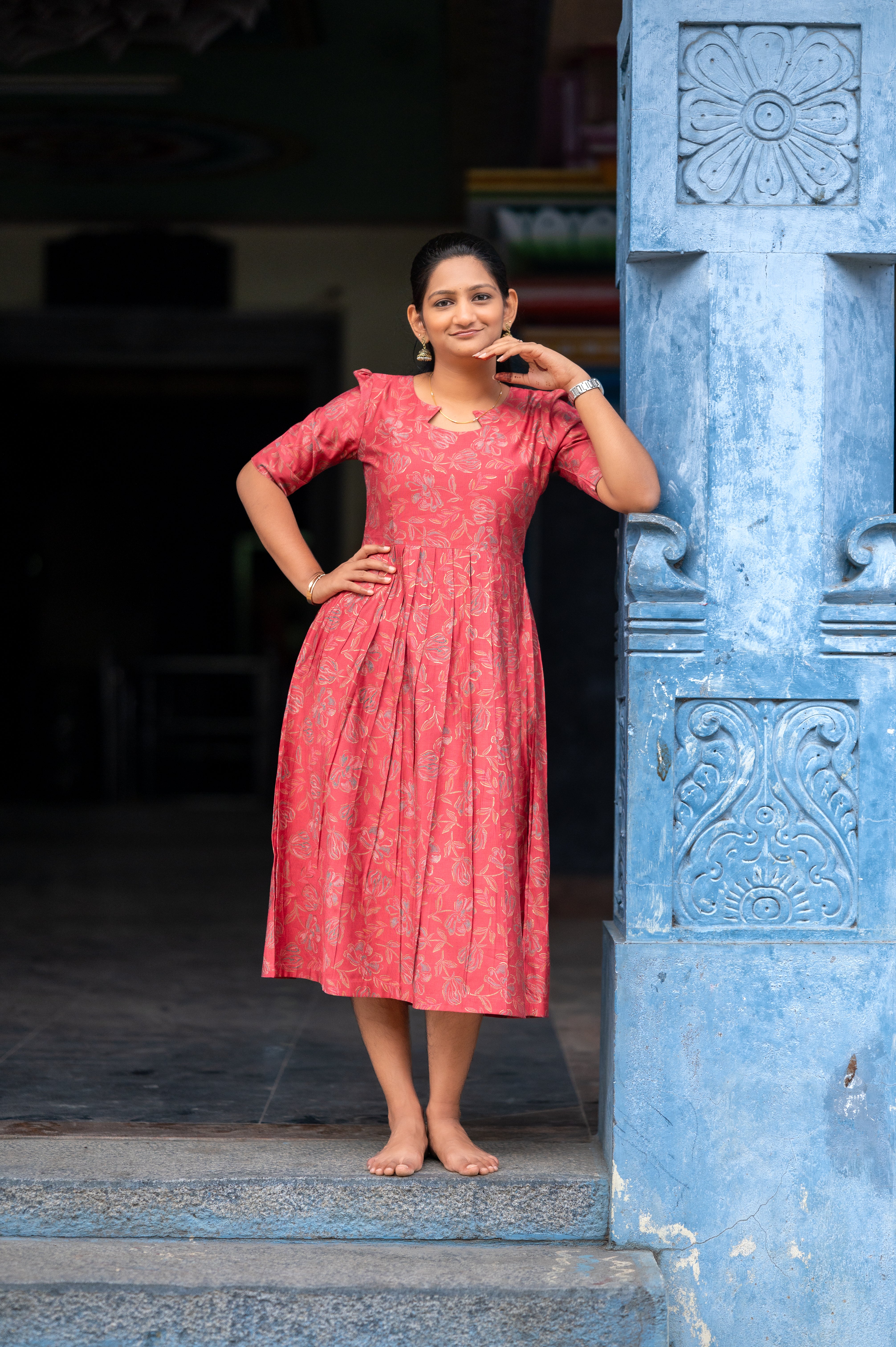 "🏵️Elegant Coral Floral Pleated Maxi"