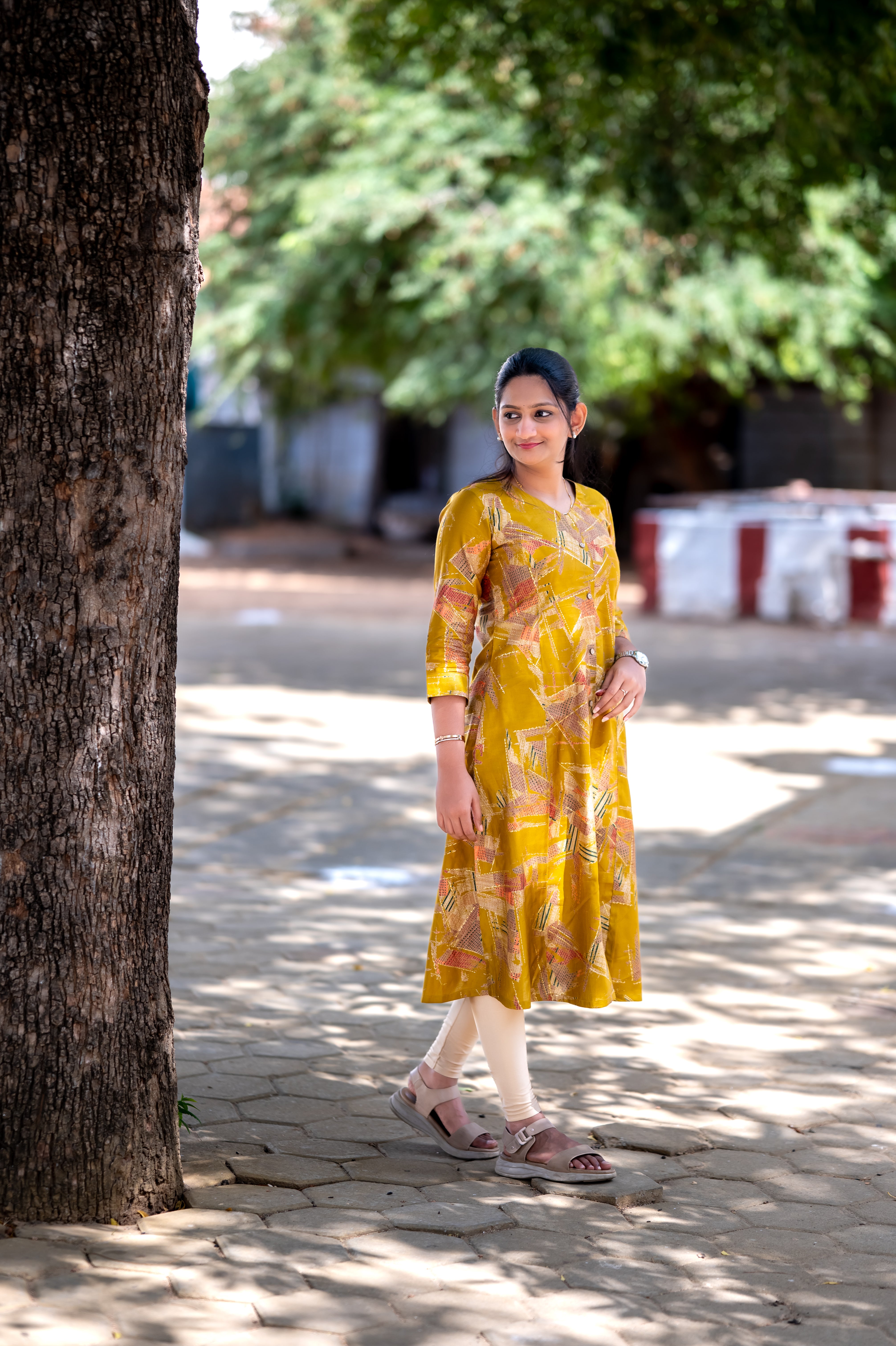 ☀️Mustard Abstract Charm A-Line Kurti"