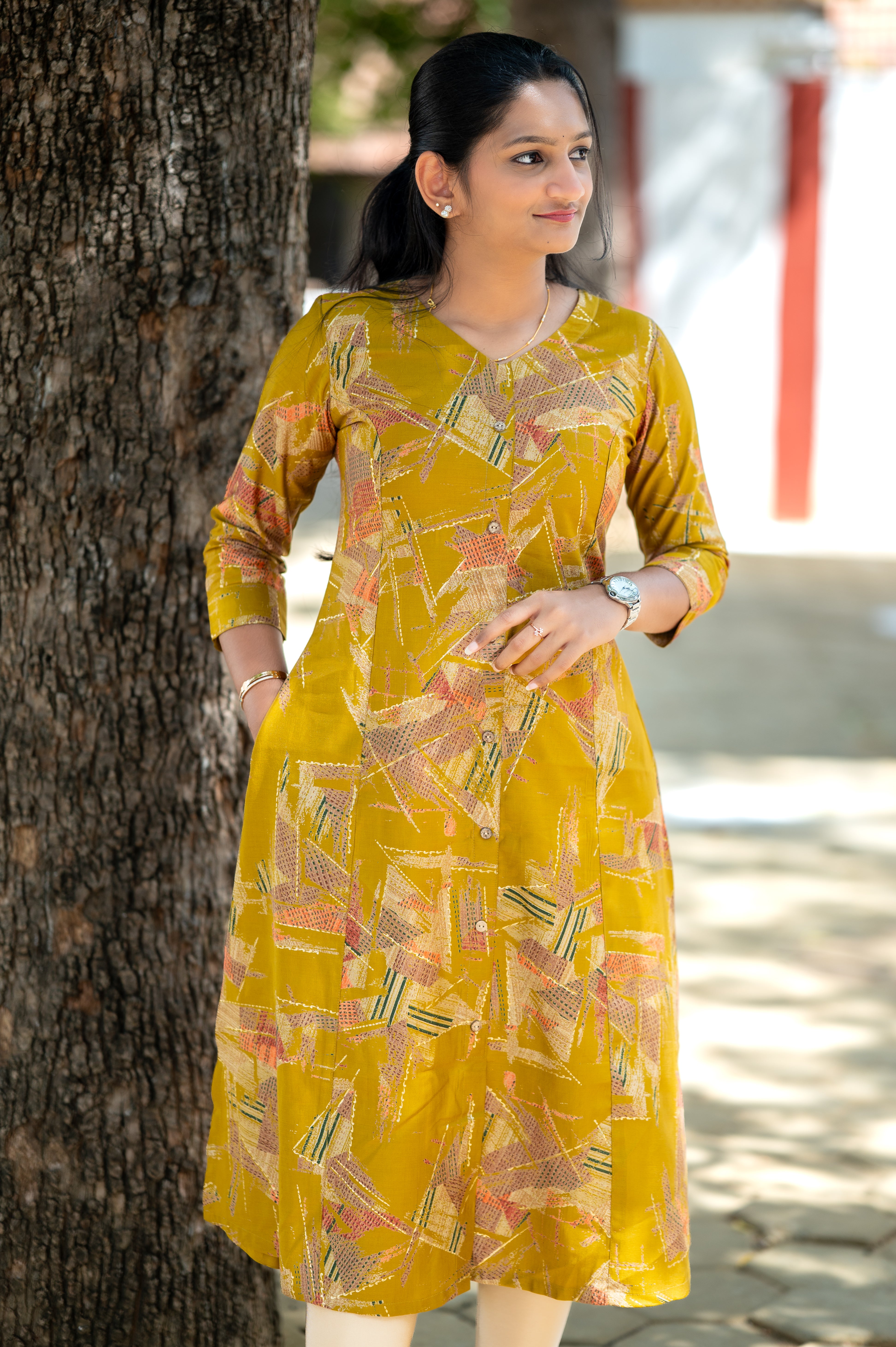 ☀️Mustard Abstract Charm A-Line Kurti"