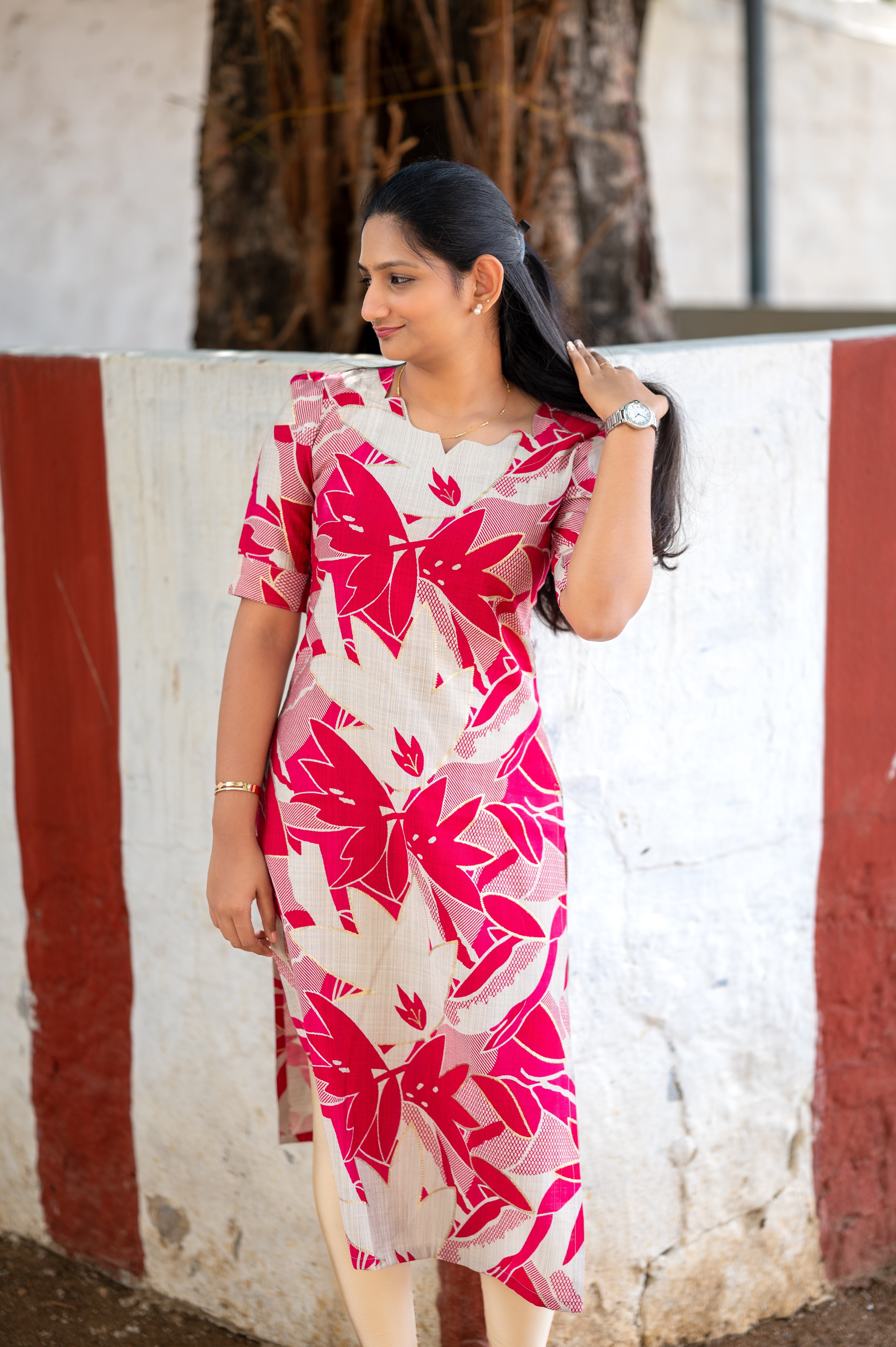 π"Crimson floral  pink  kurti"
