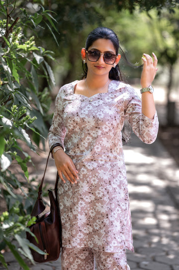 Blush Mauve Floral Printed Liva Kurti Set