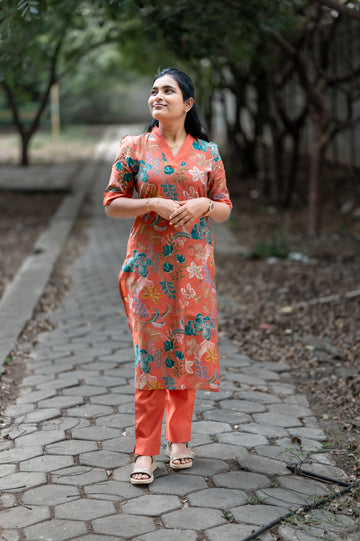 Rust Orange Floral V-Neck Kurti Set