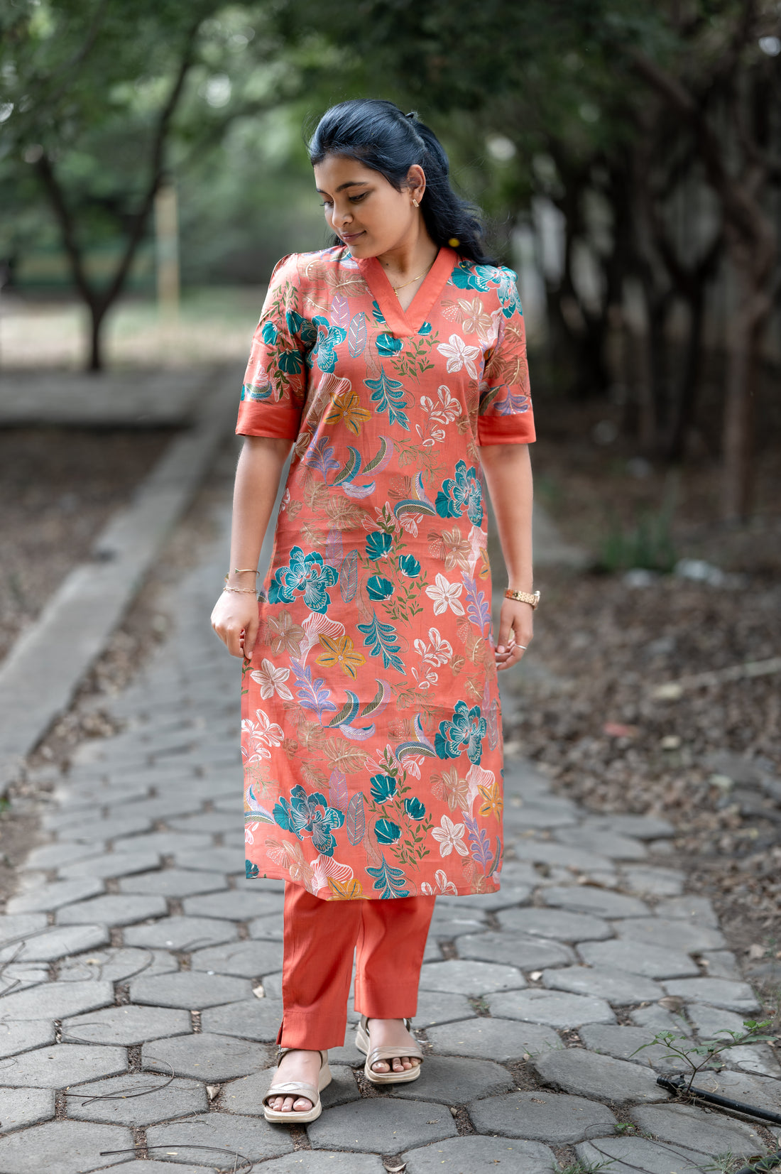 Rust Orange Floral V-Neck Kurti Set