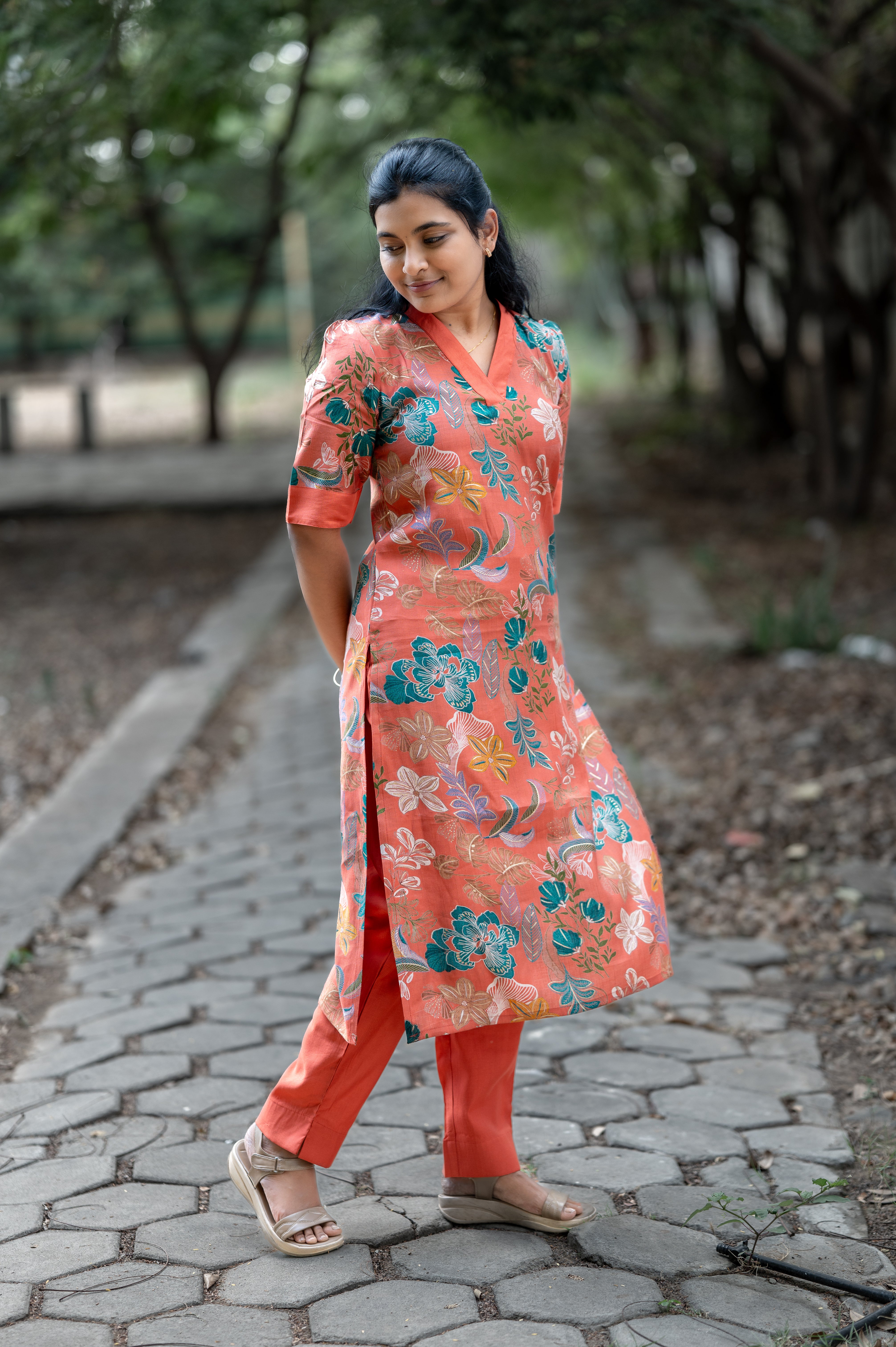 Rust Orange Floral V-Neck Kurti Set