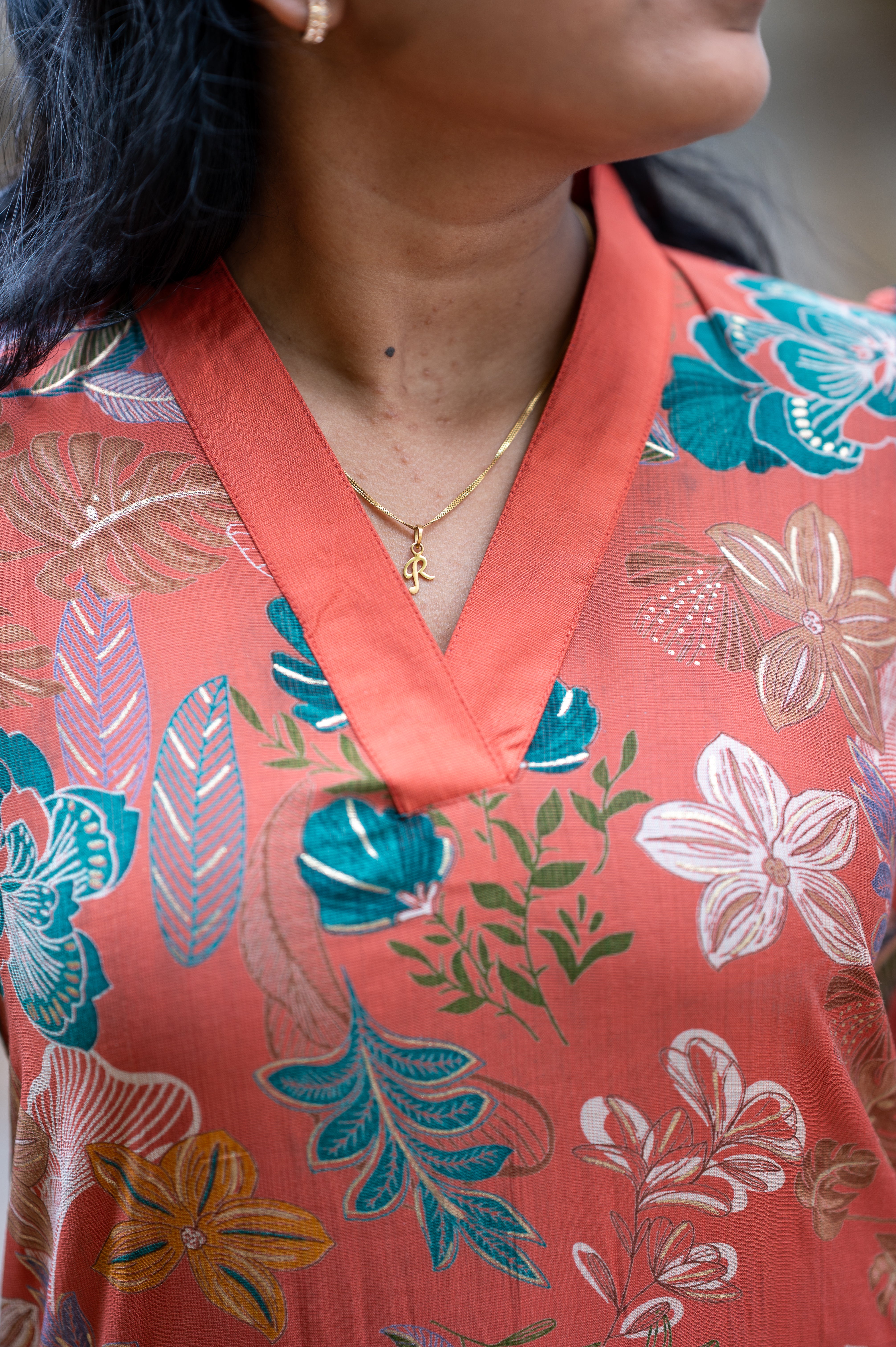 Rust Orange Floral V-Neck Kurti Set