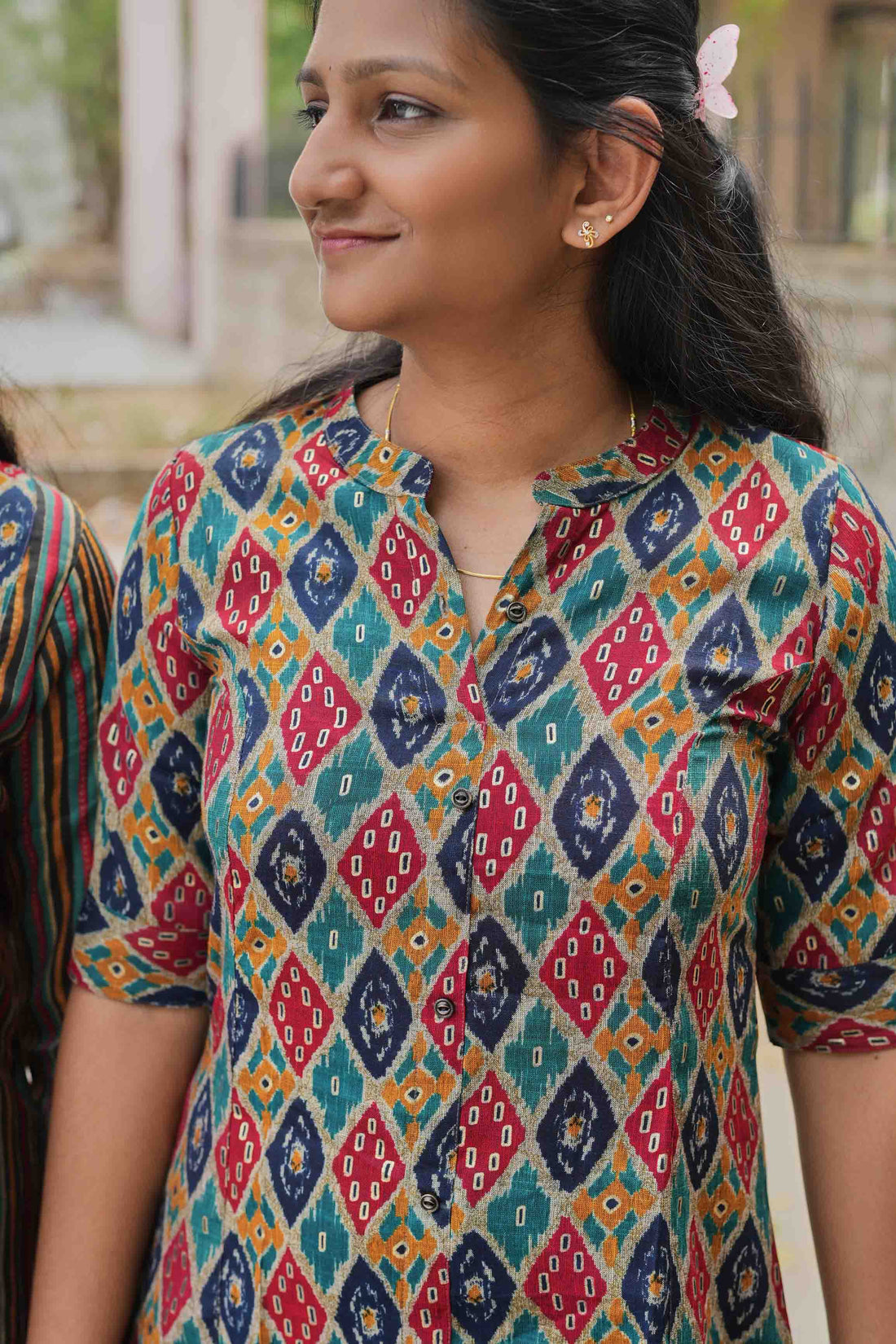 🪅Vibrant Ikat Charm A-Line Kurti"
