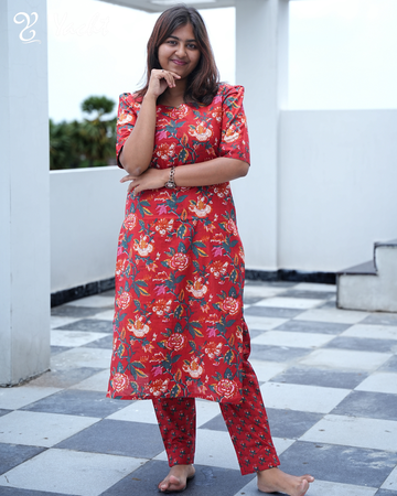 ✨ Crimson Bloom Floral Kurti Set