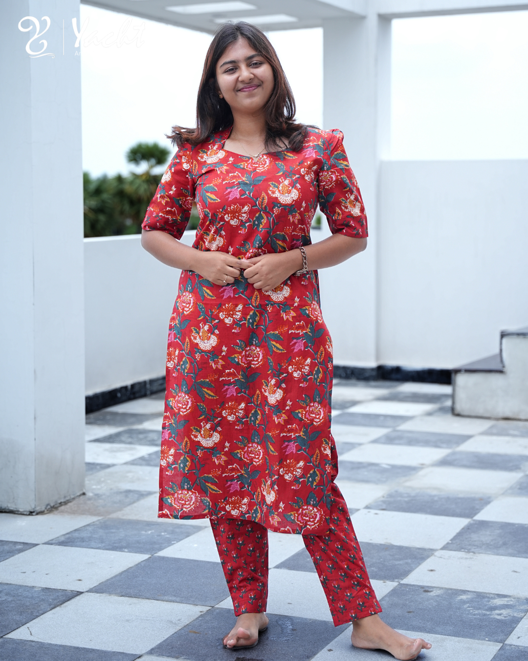 ✨ Crimson Bloom Floral Kurti Set
