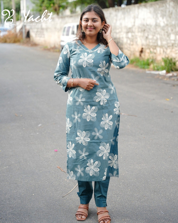 Slate Blue Floral Cotton Kurti & Pant Co-ord Set