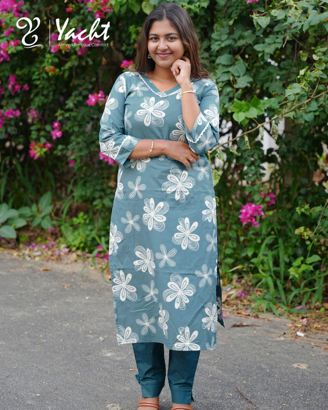 Slate Blue Floral Cotton Kurti & Pant Co-ord Set