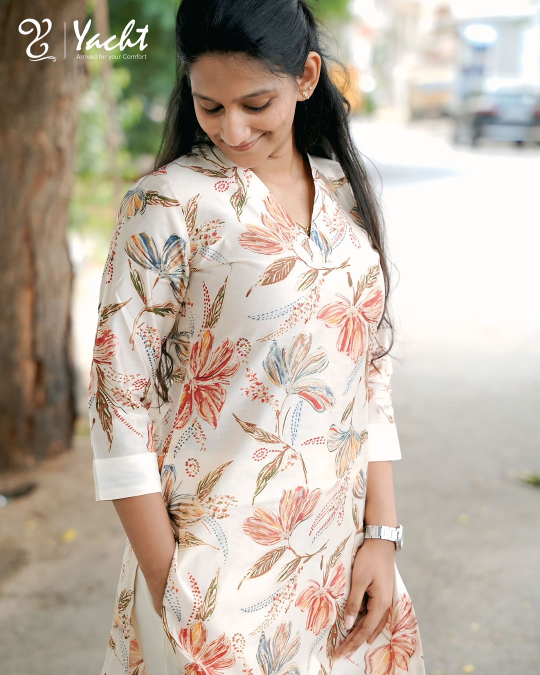 Ivory Blossom Floral Kurti Set