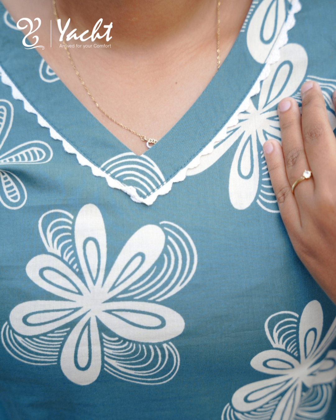 Slate Blue Floral Cotton Kurti & Pant Co-ord Set