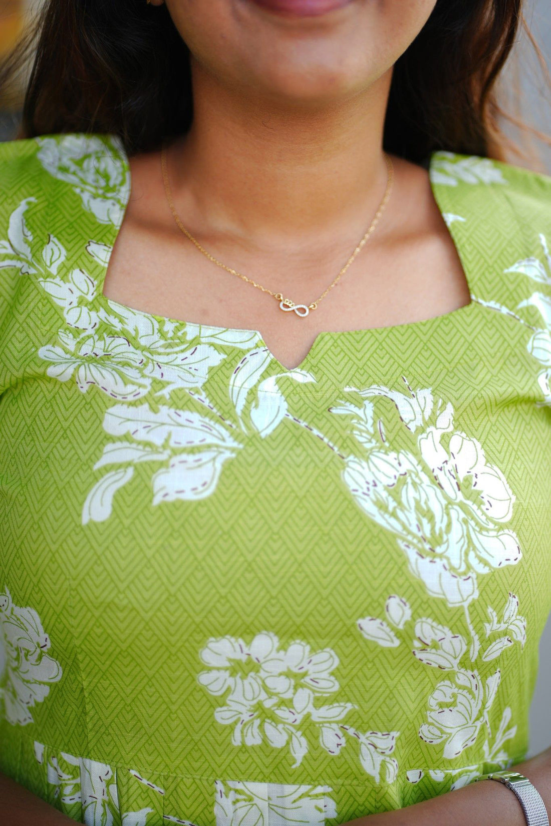 Olive Green Floral Notched Square-Neck Midi Maxi Dress