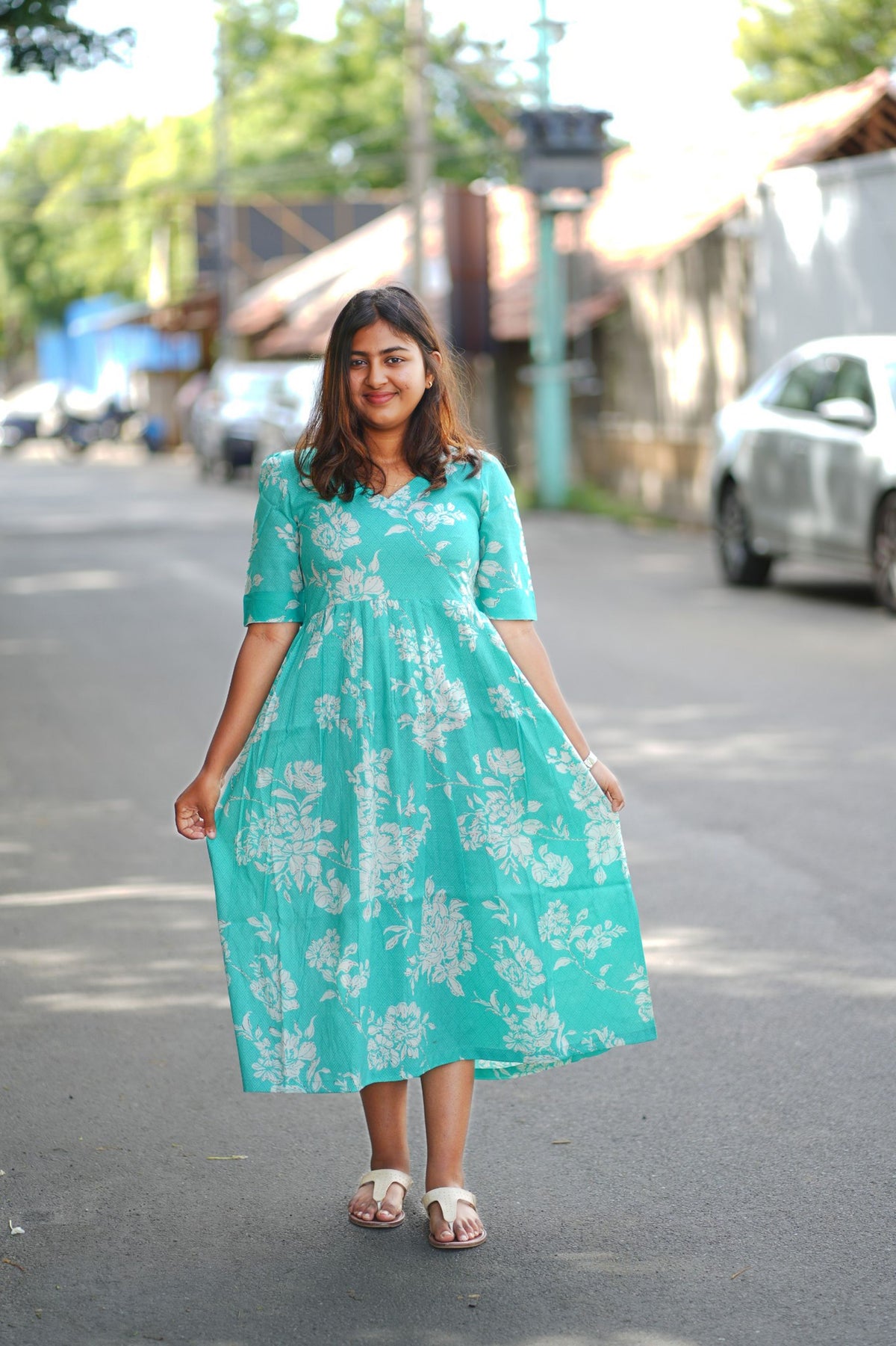 Turquoise Floral V-Neck Midi Maxi Dress