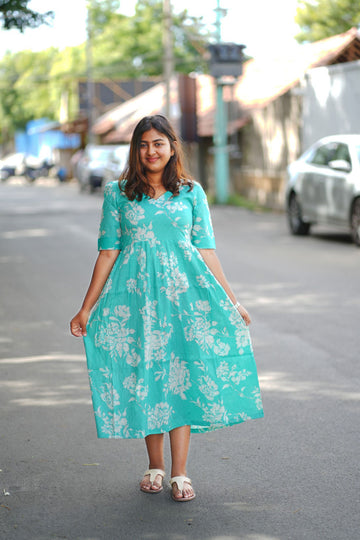 Turquoise Floral V-Neck Midi Maxi Dress