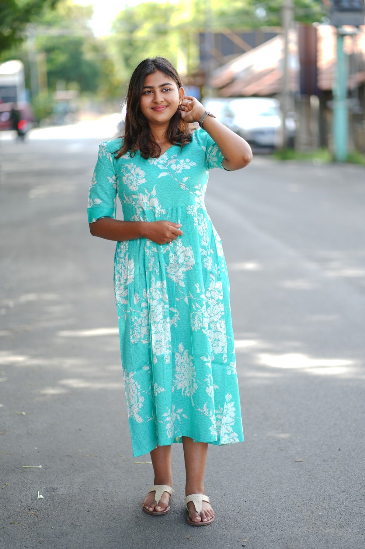 Turquoise Floral V-Neck Midi Maxi Dress