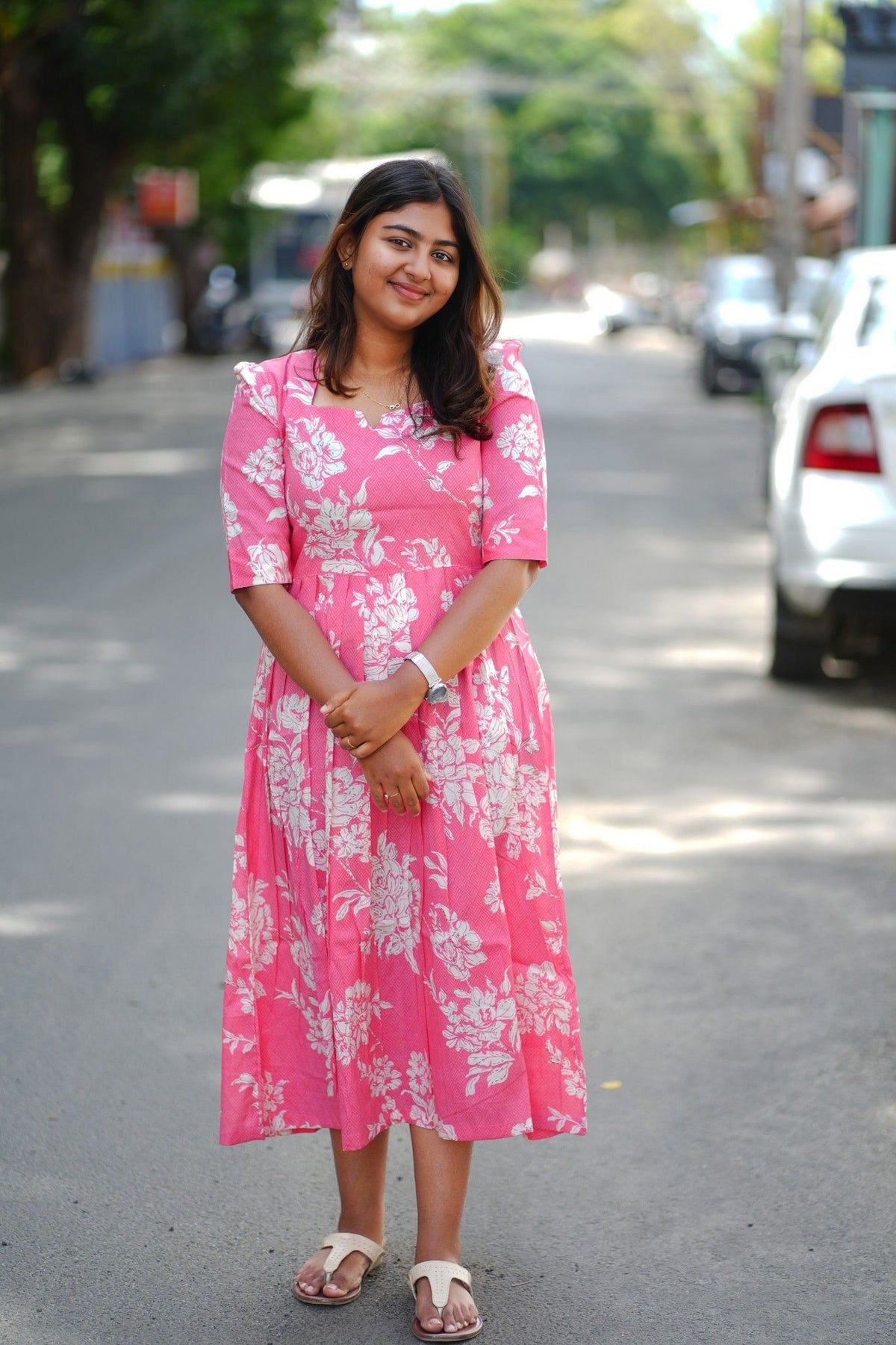 Pink Floral Square-Neck Midi Maxi Dress