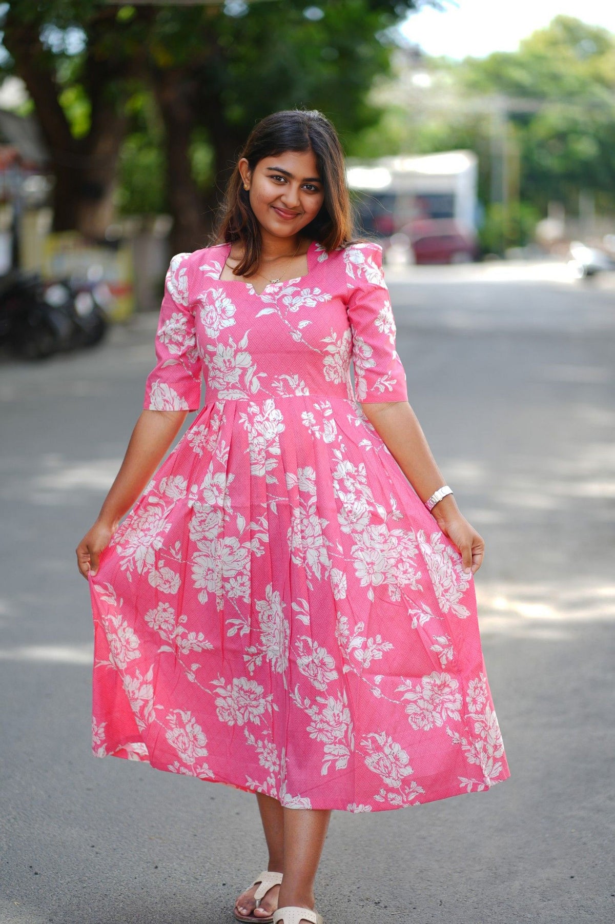 Pink Floral Square-Neck Midi Maxi Dress