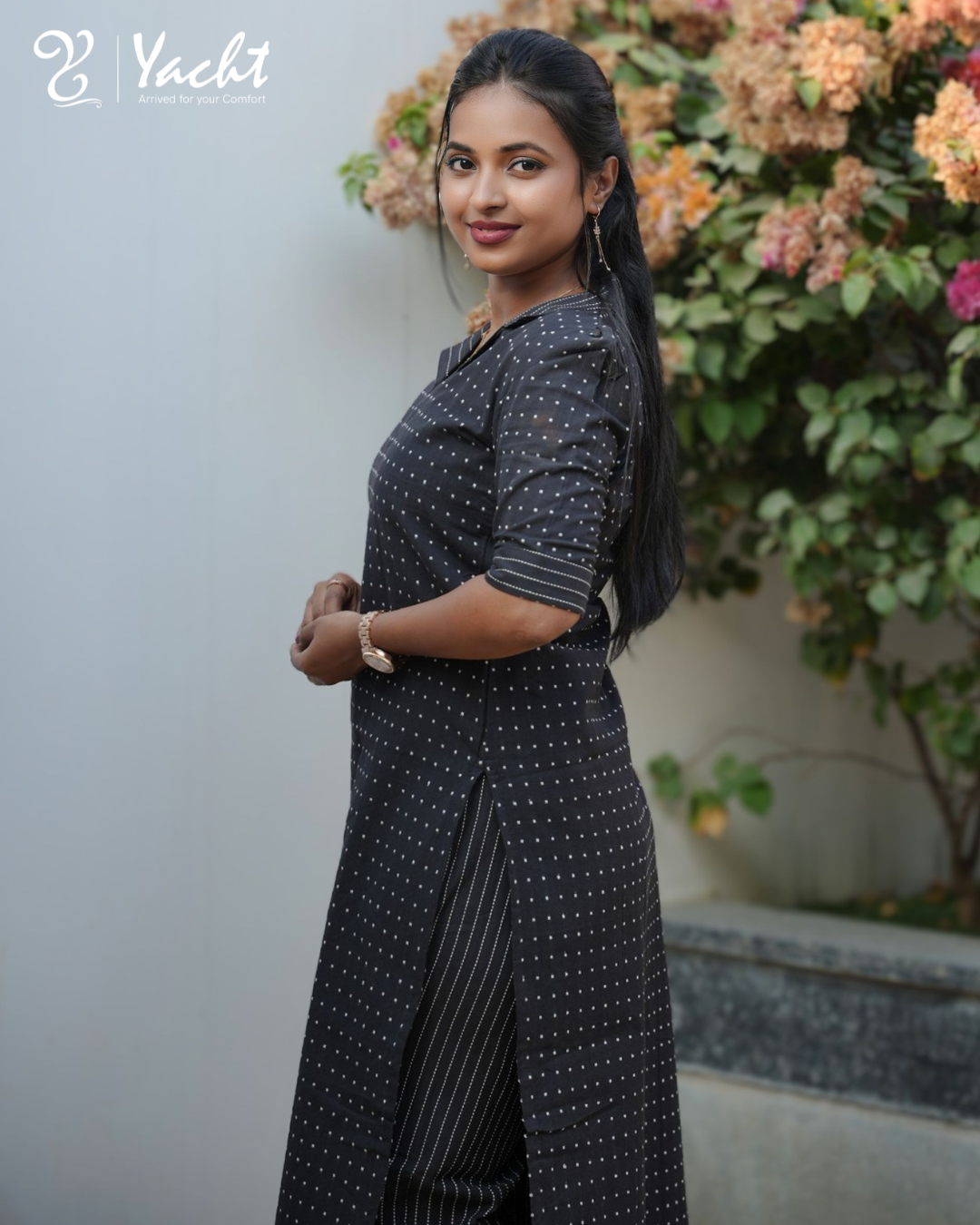 ✨Black Dotted Straight-Cut Kurti with Notch Neck