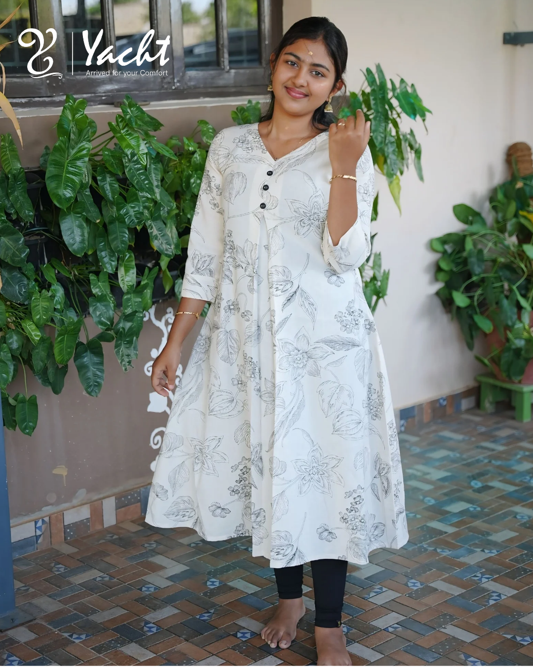 Ivory Botanical Bloom A-Line Kurti