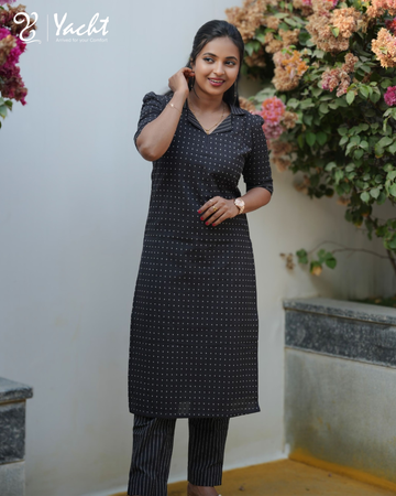 ✨Black Dotted Straight-Cut Kurti with Notch Neck