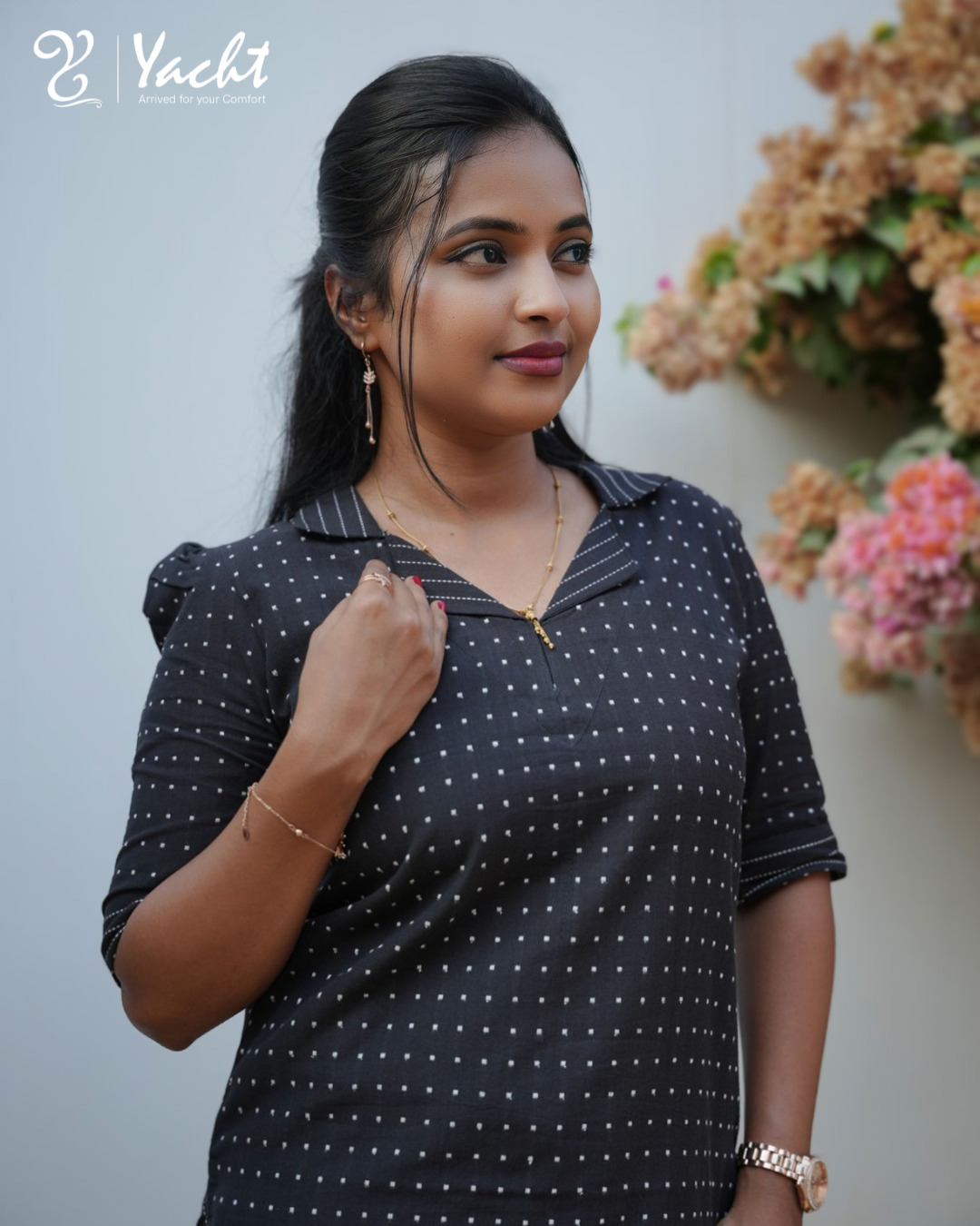 ✨Black Dotted Straight-Cut Kurti with Notch Neck