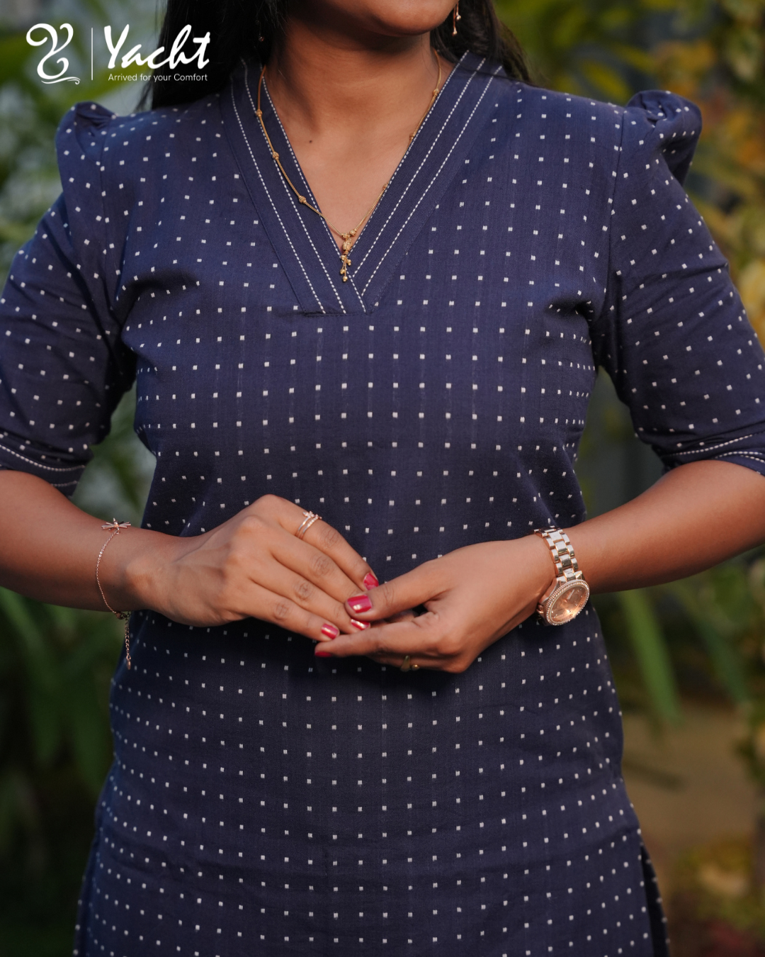 ✨Indigo Dotted Straight-Cut Kurti with Notch Neck