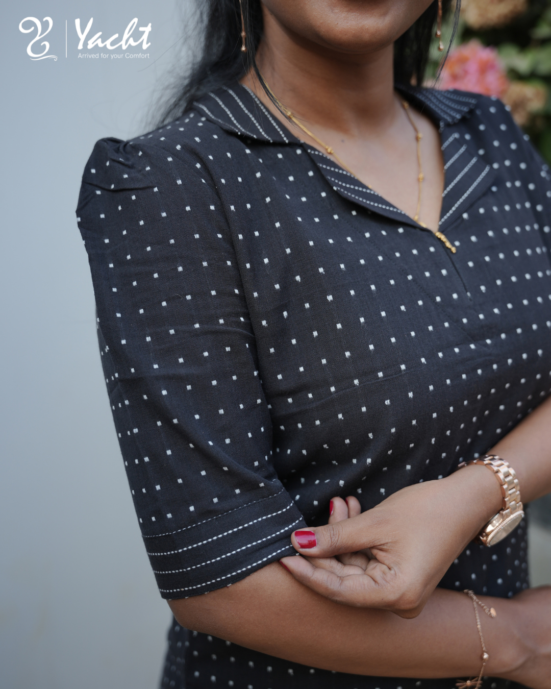 ✨Black Dotted Straight-Cut Kurti with Notch Neck