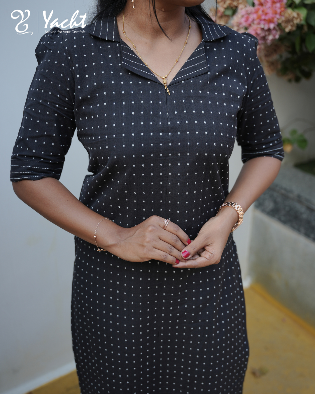 ✨Black Dotted Straight-Cut Kurti with Notch Neck