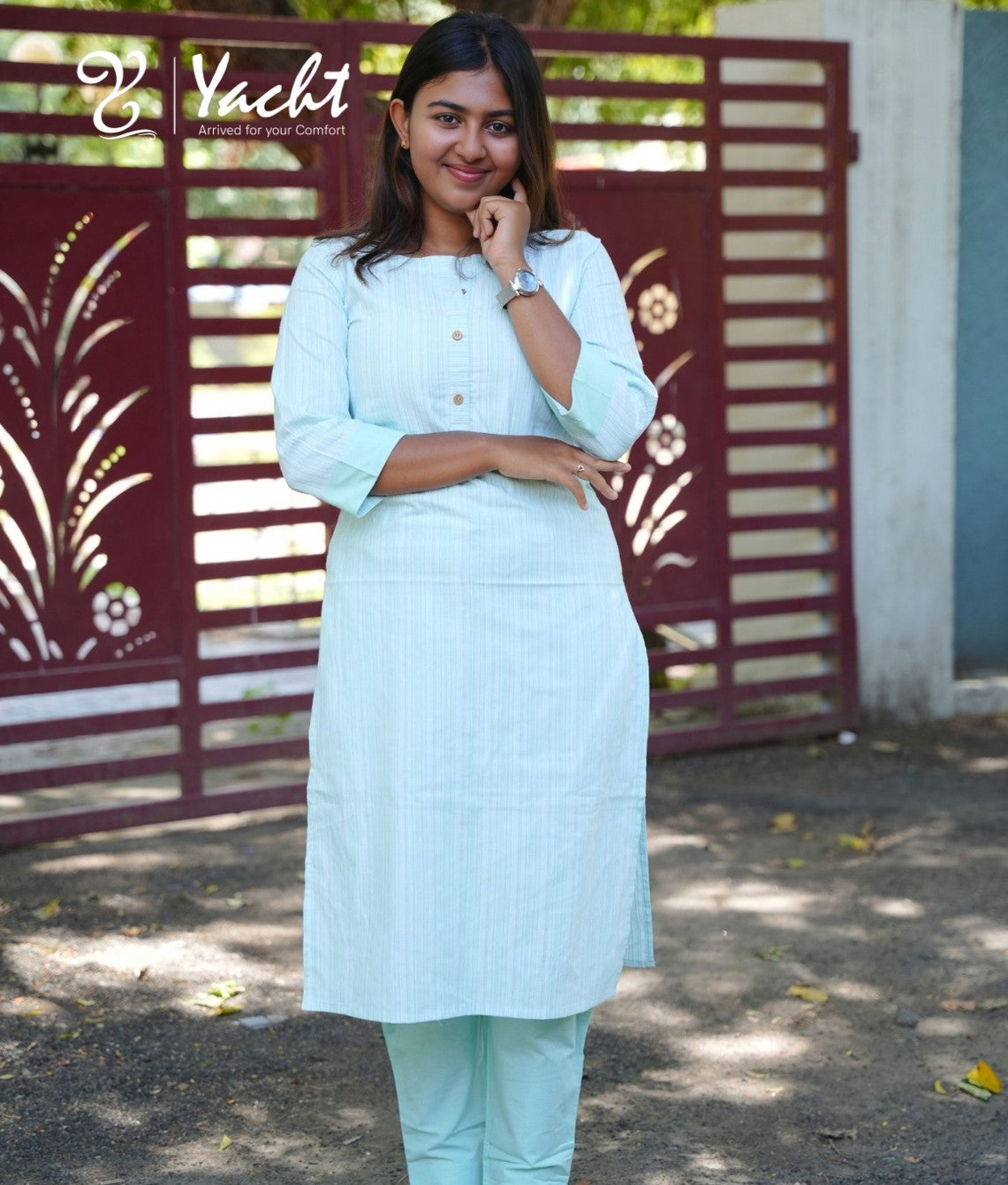 🤍💙 Bluish Grace – Striped Straight Kurti