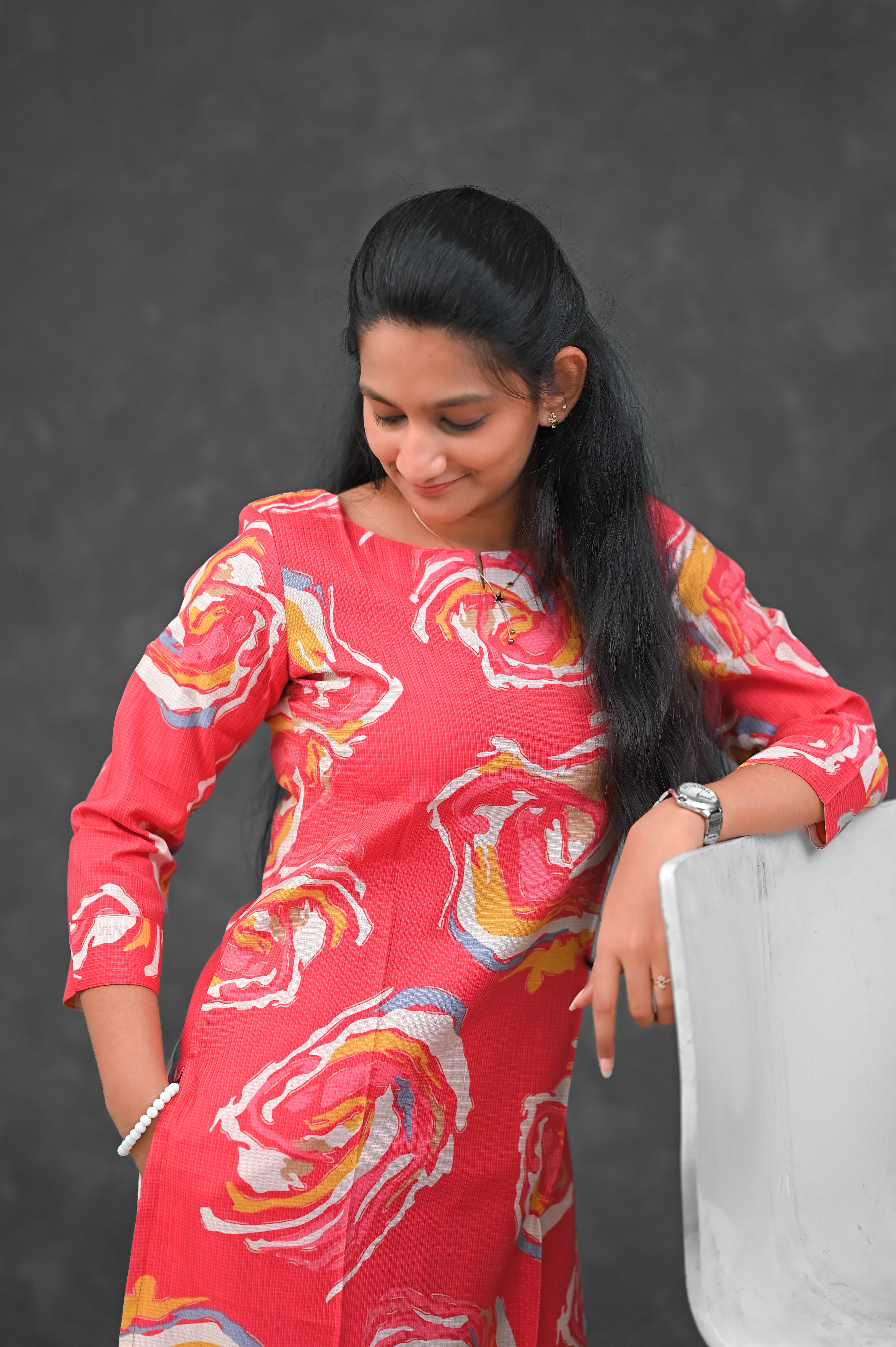 🌹 Coral Swirl Straight Kurti Set