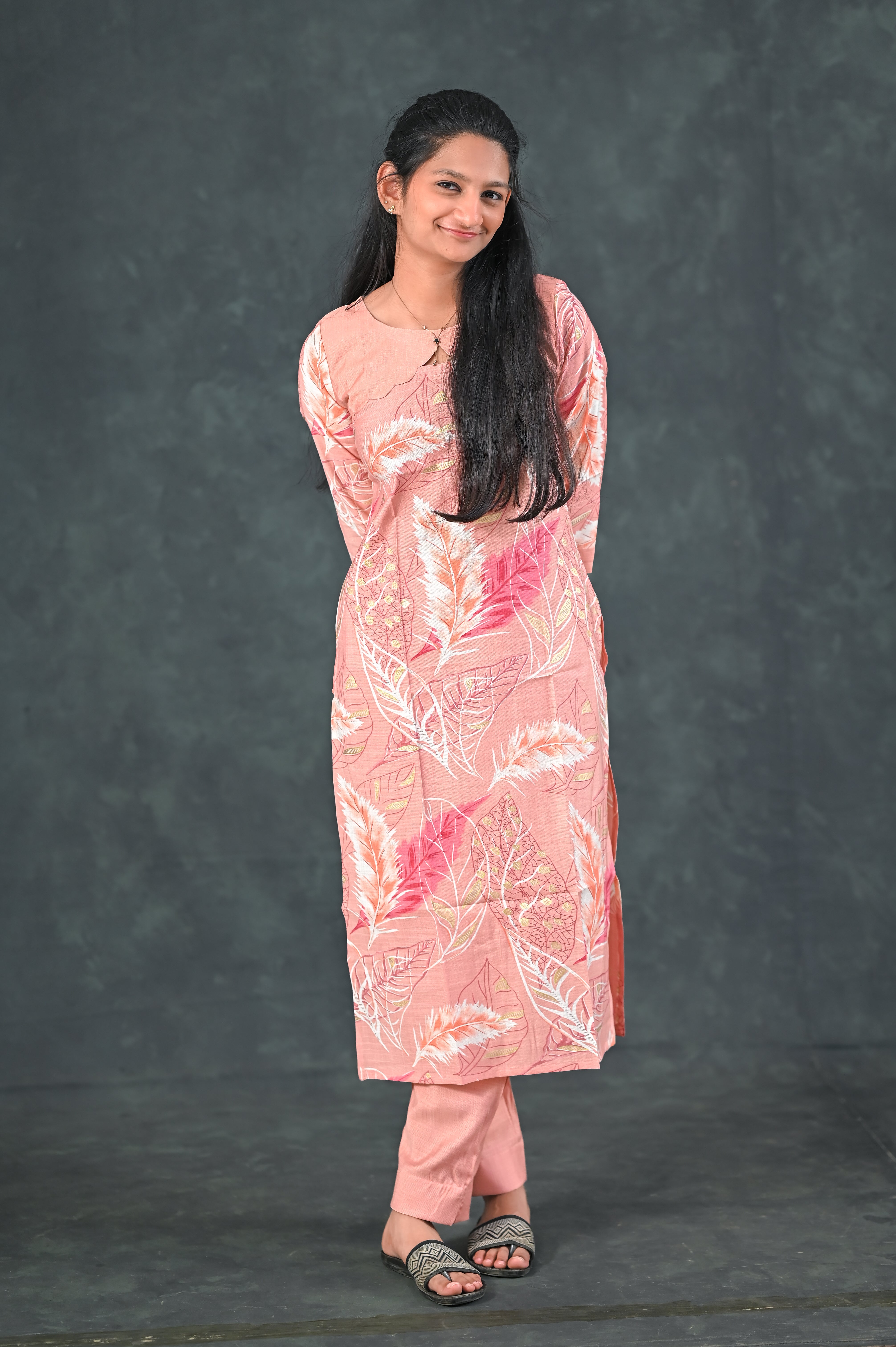 🌷 Peach Feather Straight Kurti Set