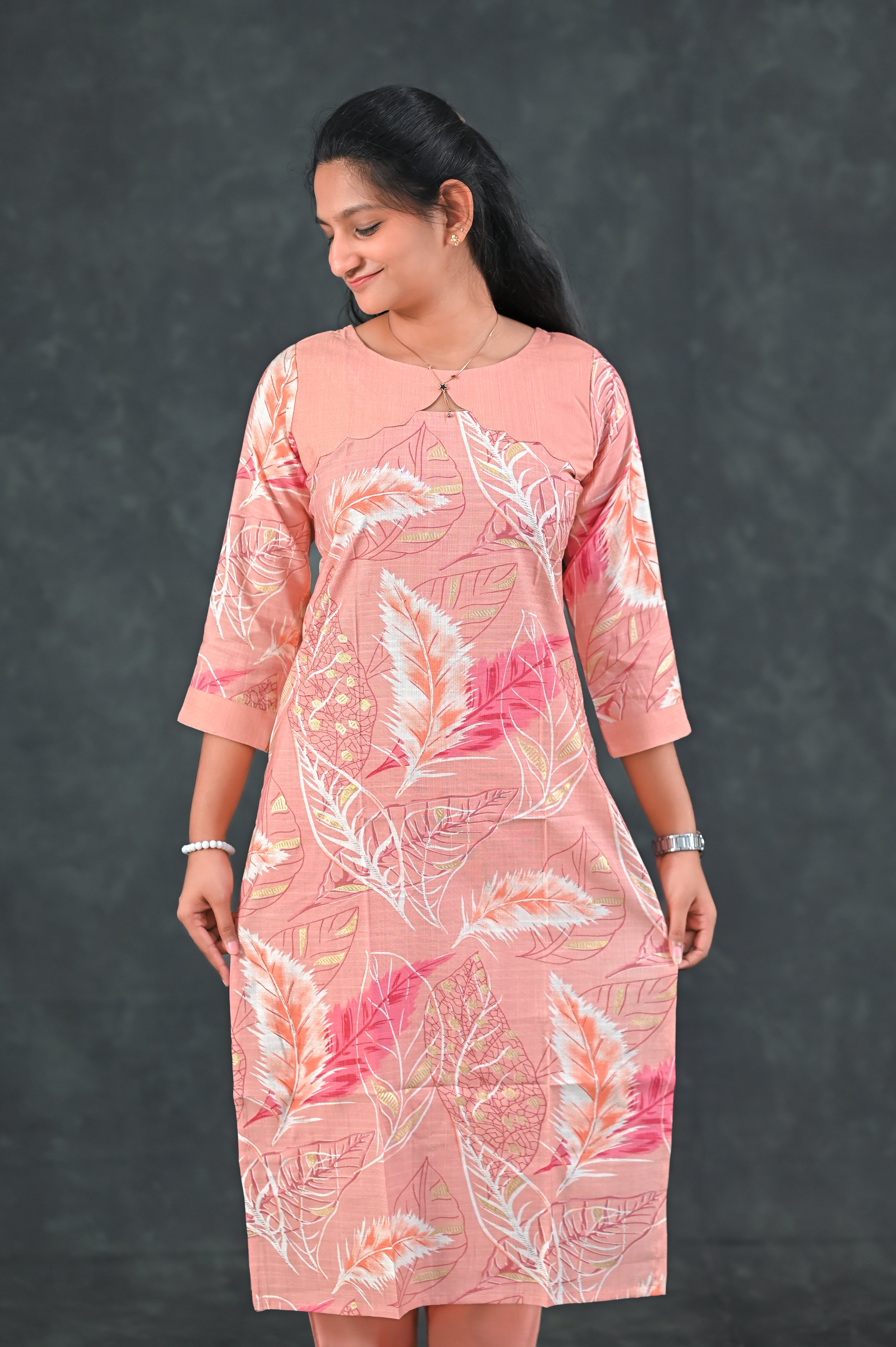 🌷 Peach Feather Straight Kurti Set