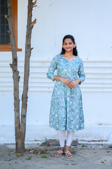 🩵 Aqua Bloom A-Line Kurti