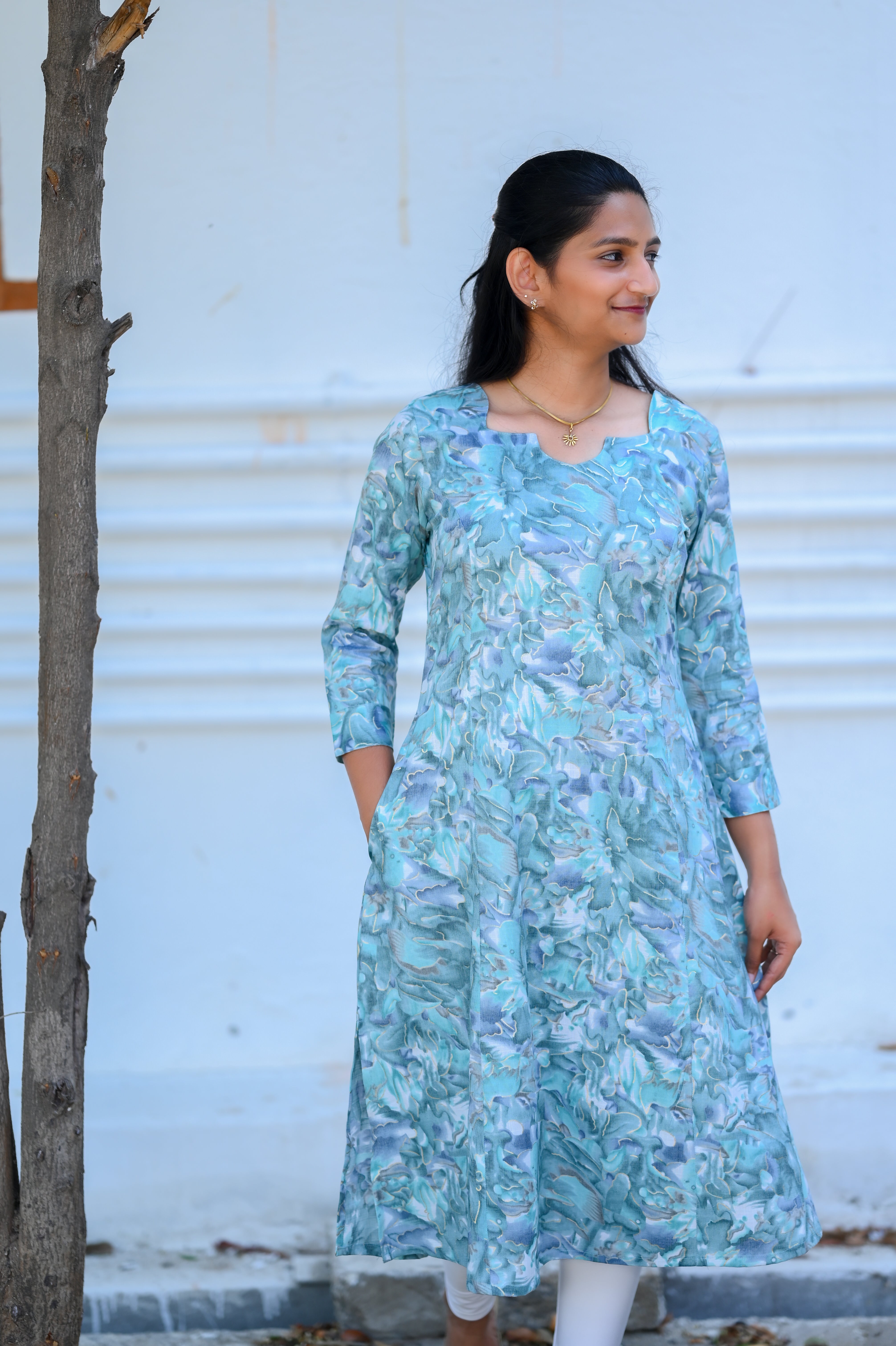 🩵 Aqua Bloom A-Line Kurti