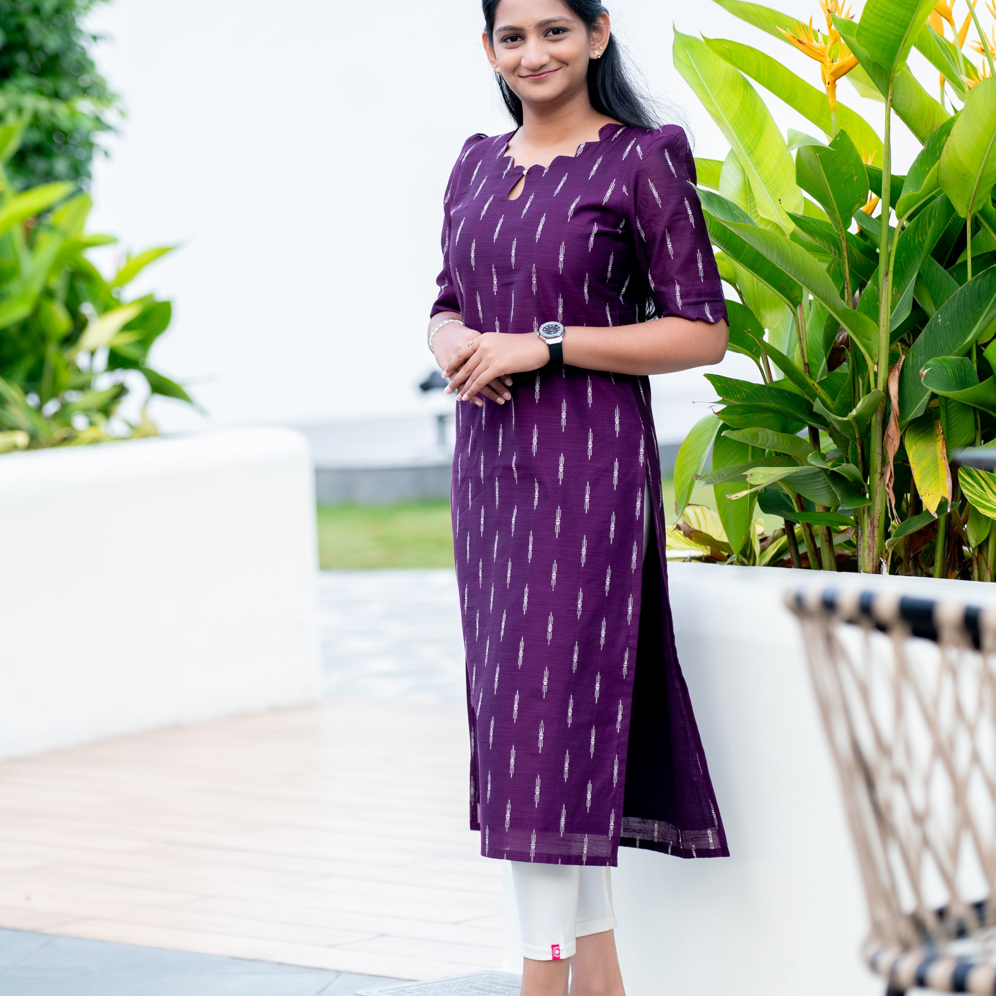 💜 Purple Ikat-Printed Straight Kurti with Scalloped Neckline