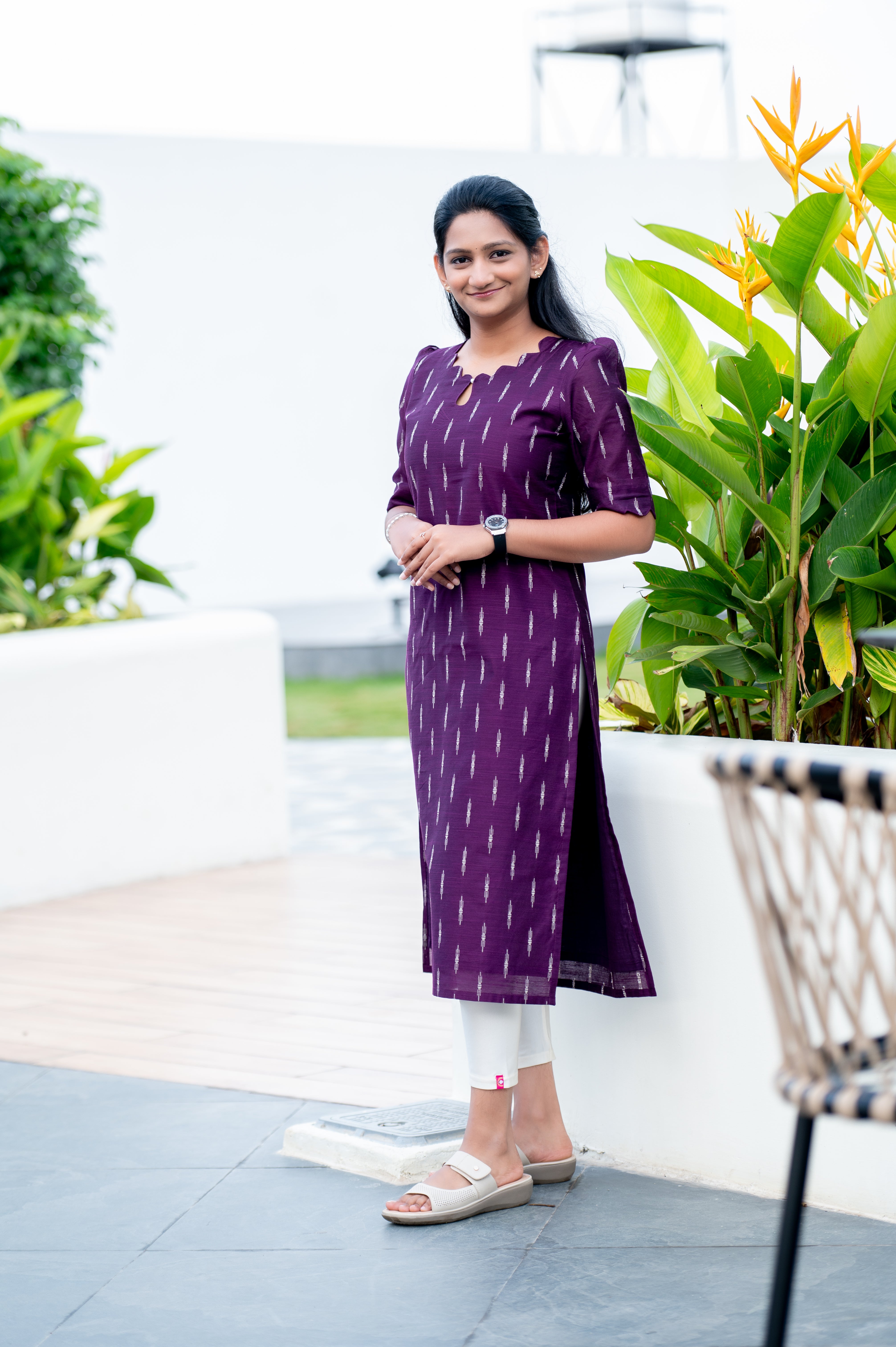 💜 Purple Ikat-Printed Straight Kurti with Scalloped Neckline