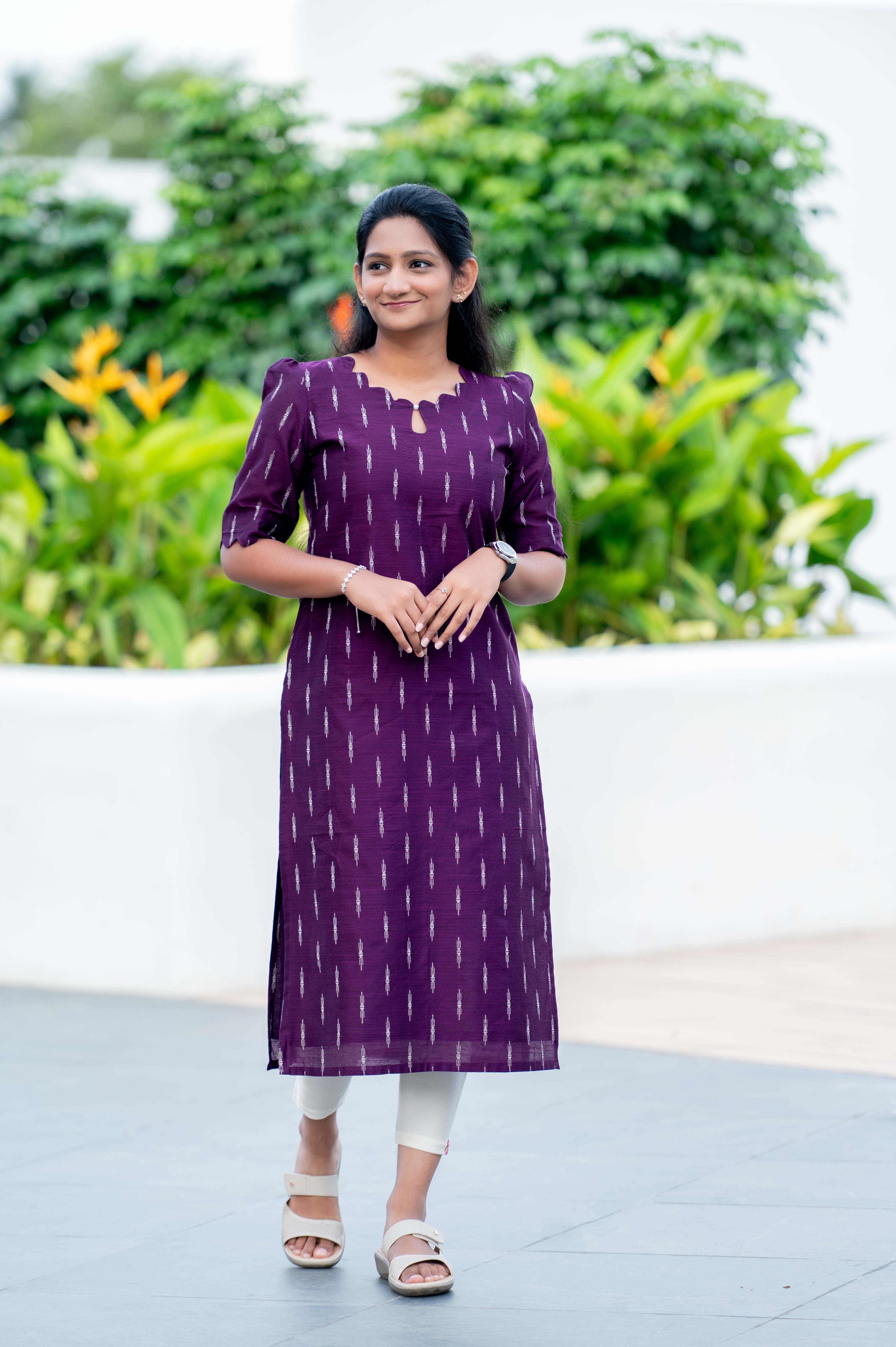 💜 Purple Ikat-Printed Straight Kurti with Scalloped Neckline