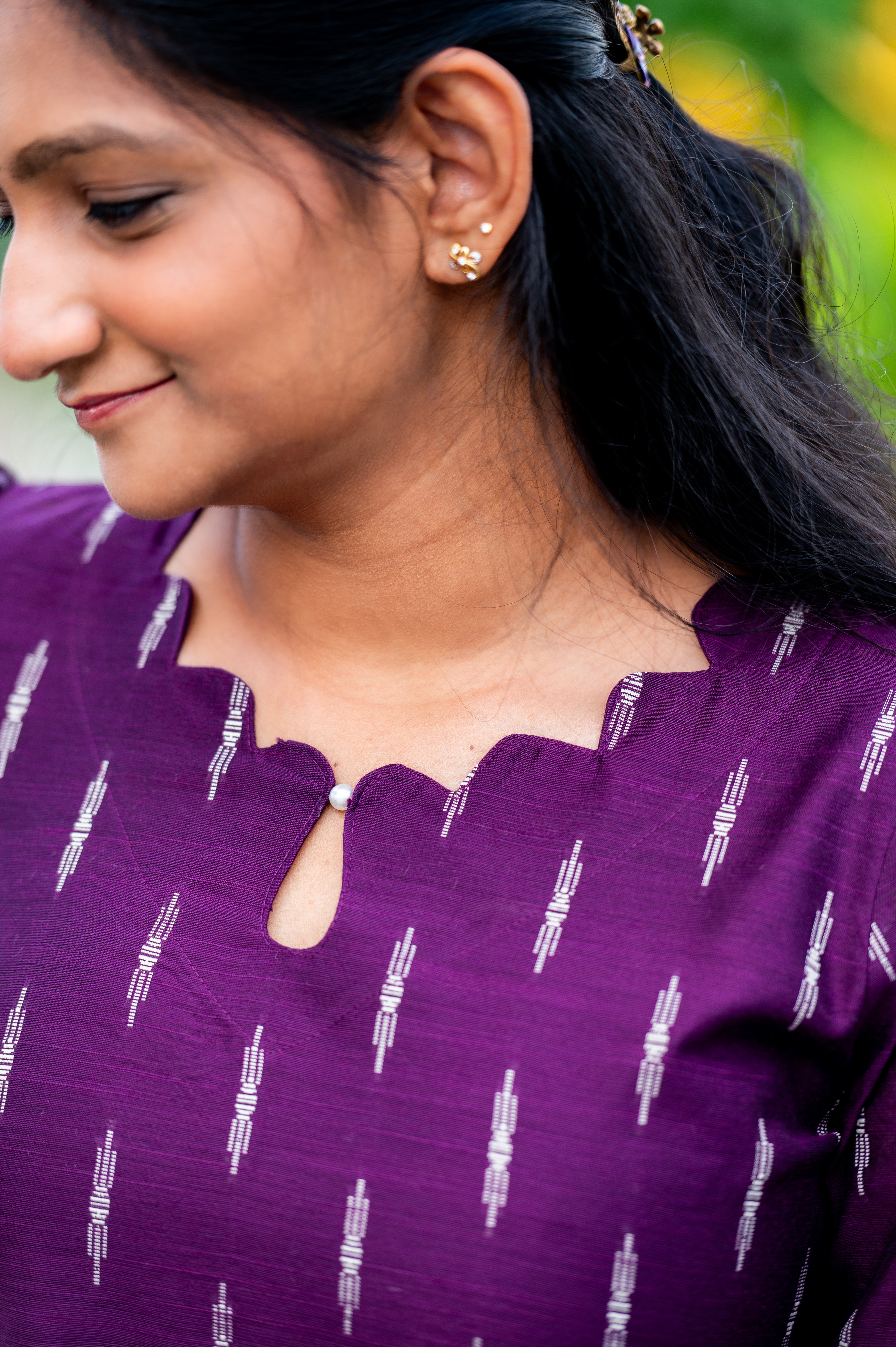 💜 Purple Ikat-Printed Straight Kurti with Scalloped Neckline