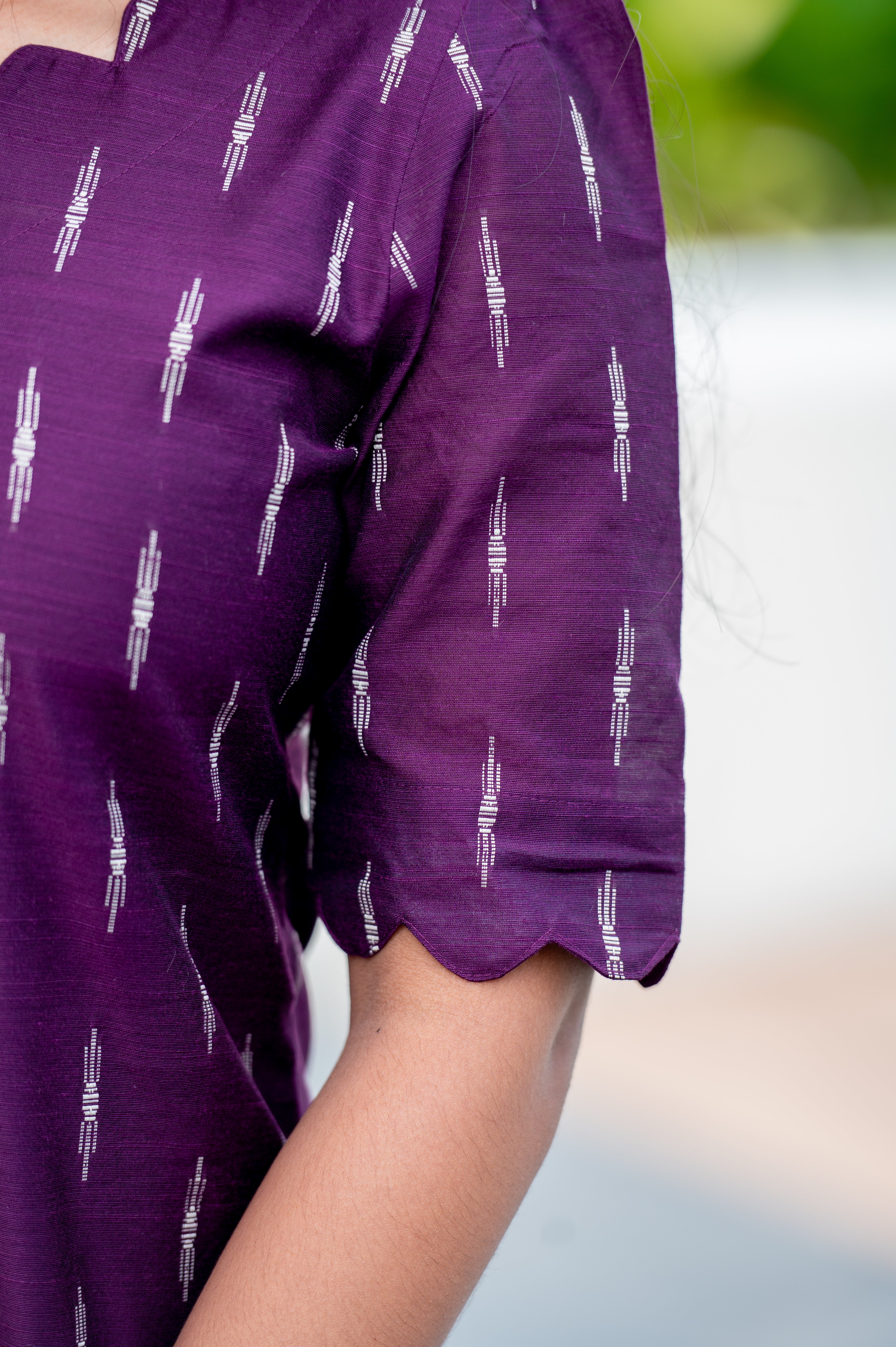 💜 Purple Ikat-Printed Straight Kurti with Scalloped Neckline