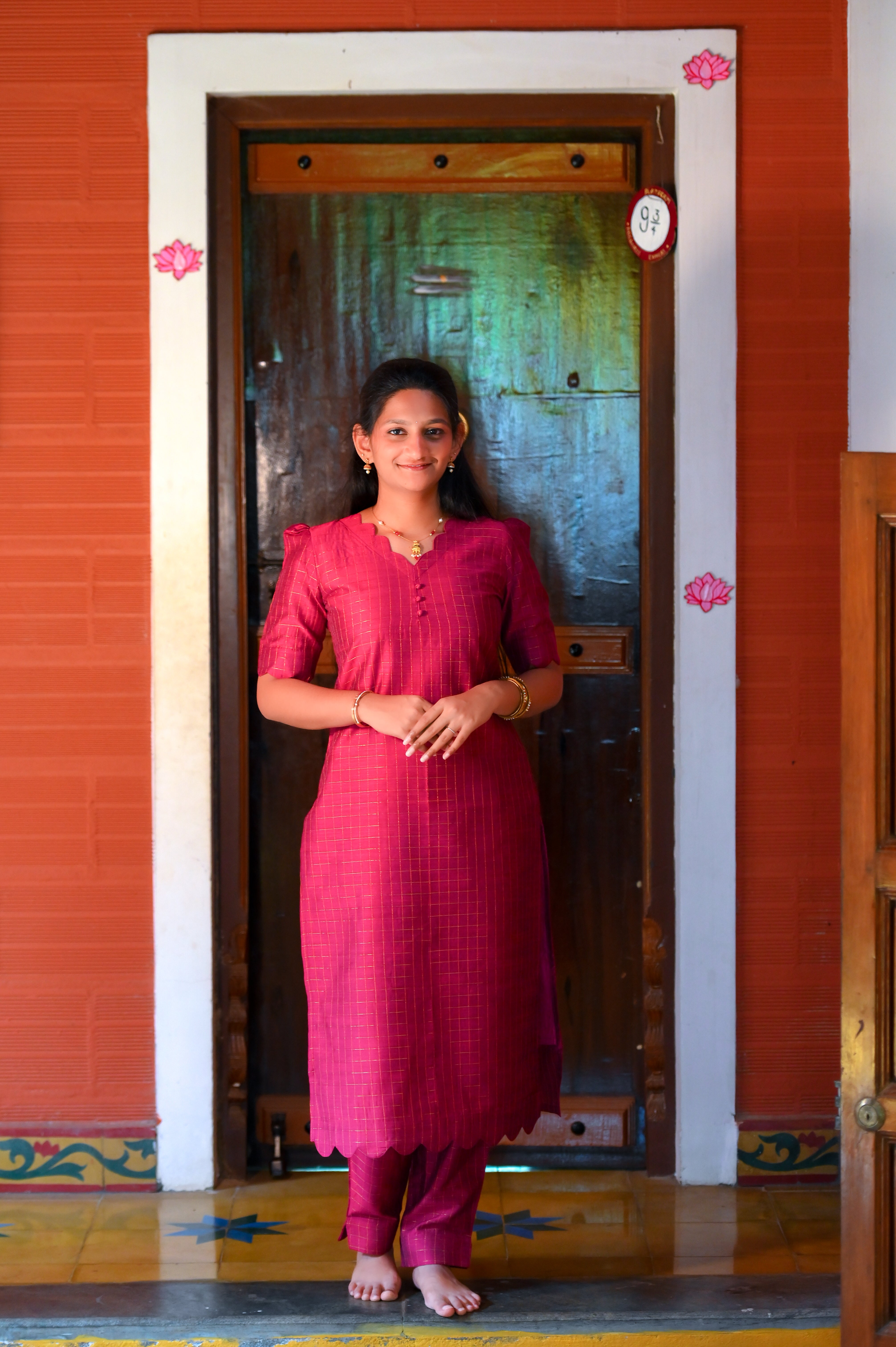 🪭Rosewood Check Raw Silk Kurti Set