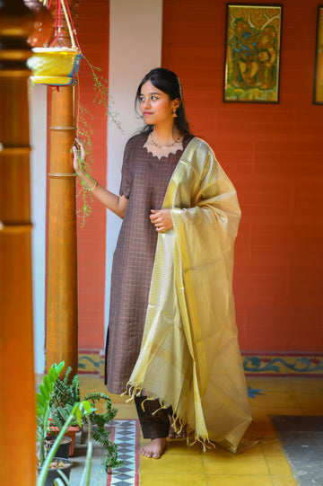 🤎Mocha Loom Raw Silk Kurti Set