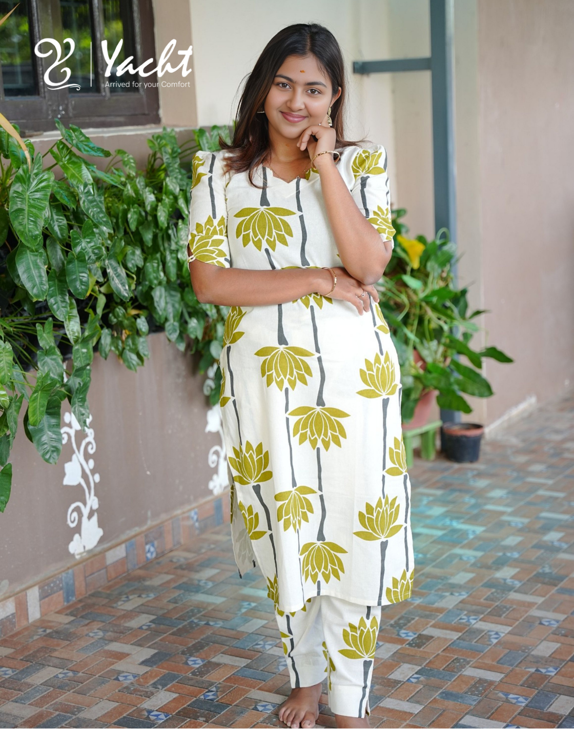 Olive Lotus Bloom A-Line Kurti Set