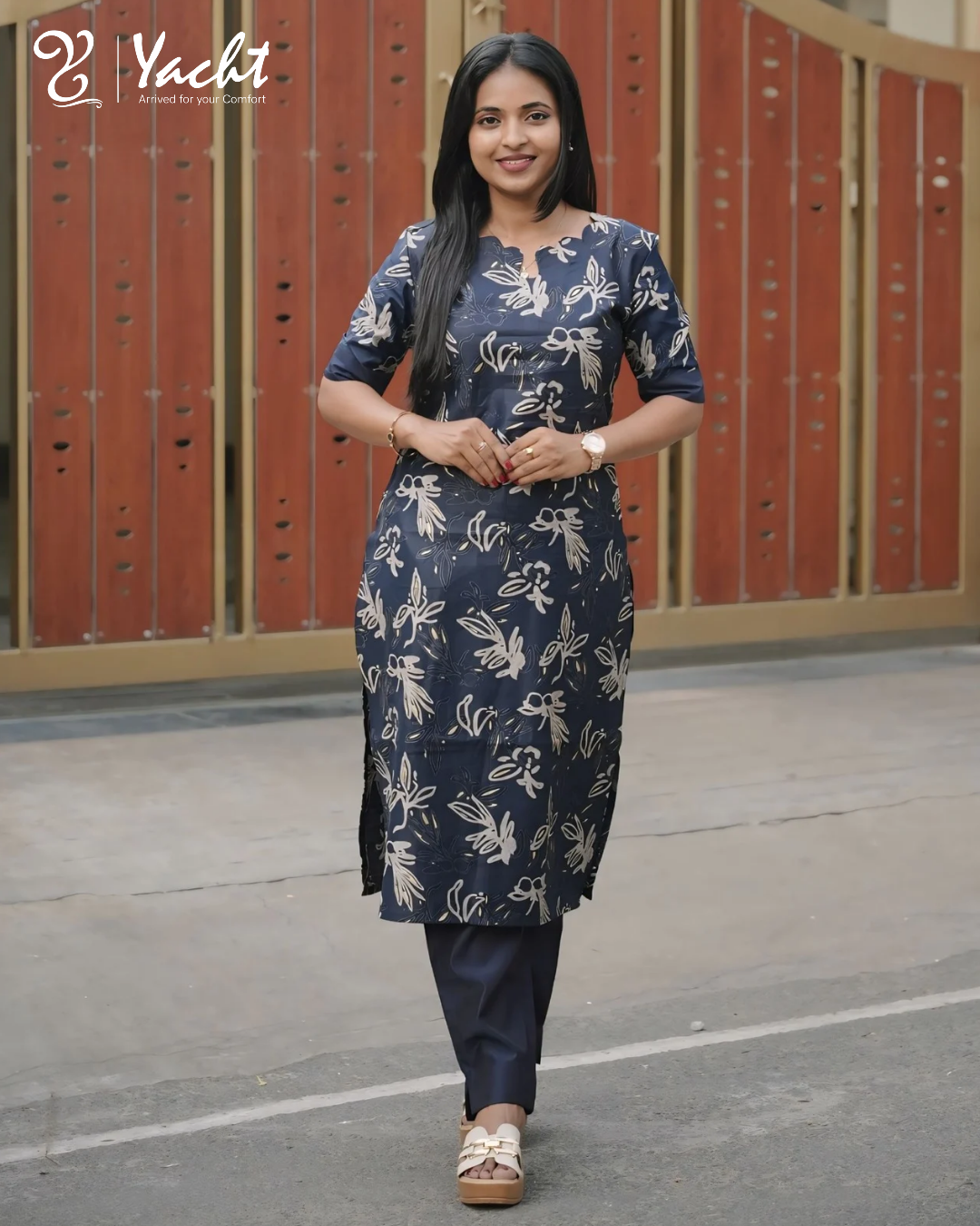 🌿Midnight Leaf Print Straight Cut Kurthi Set