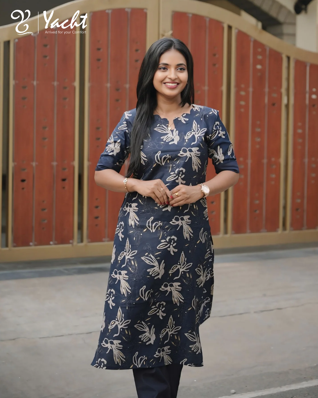 🌿Midnight Leaf Print Straight Cut Kurthi Set
