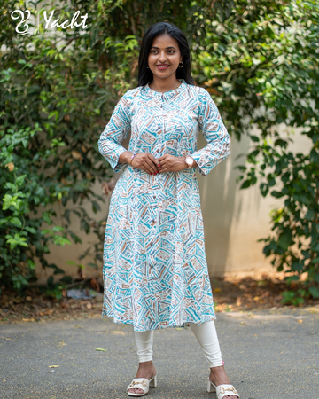🌊“Aqua Maze Printed A-Line Kurti”