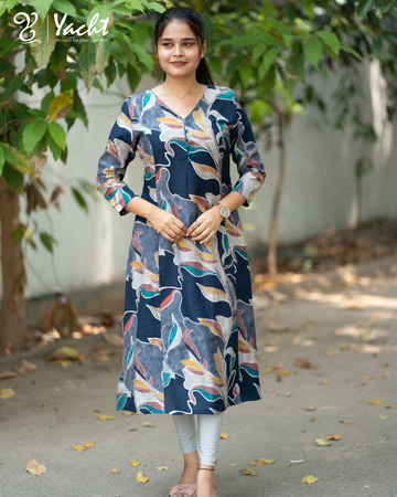 🌿“Midnight Leaf Flow A-Line Kurti”